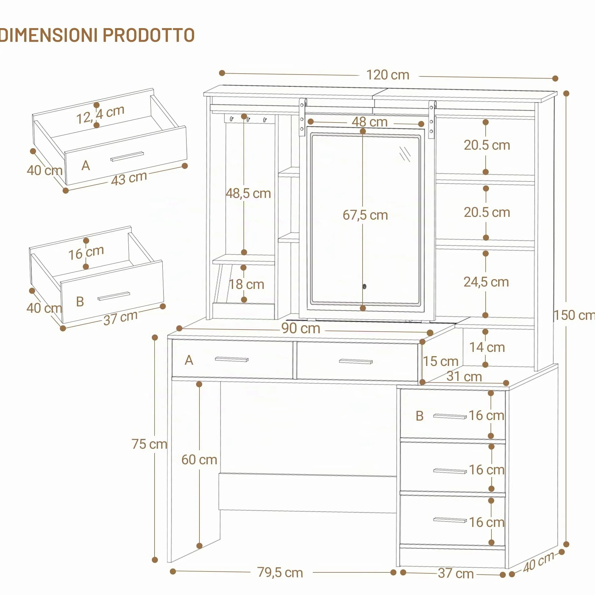 Hzuaneri Toeletta da Trucco con Luci LED Regolabili, Grande Specchio Rimovibile, con Portagioie, Ripiani Aperti, 5 Cassetti, con Tavolino, per Camera da Letto, Bianco DT33103X