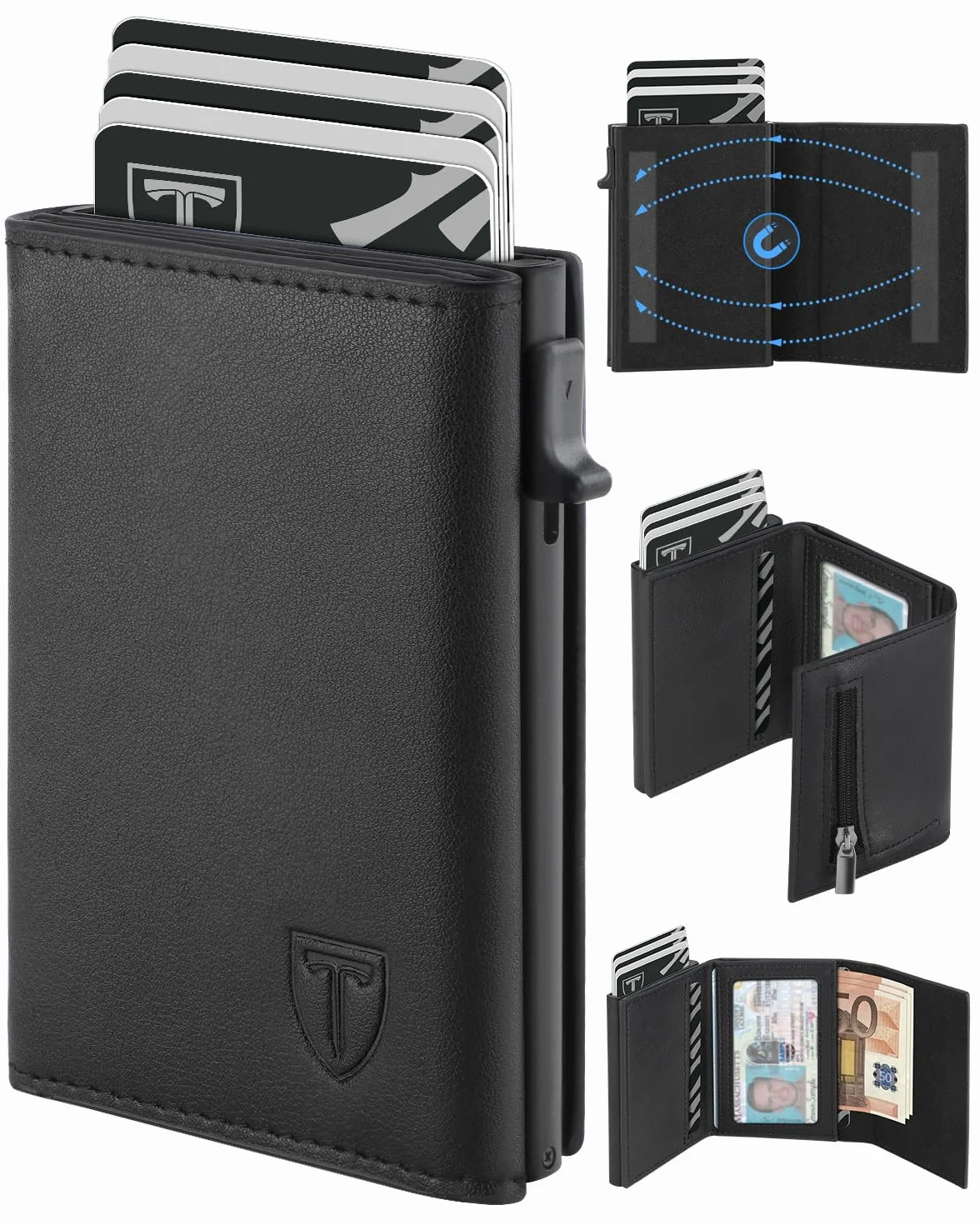 TEEHON Portafoglio Uomo Slim in Pelle con Protezione RFID, Portacarte Piccolo con Portamonete - Nero