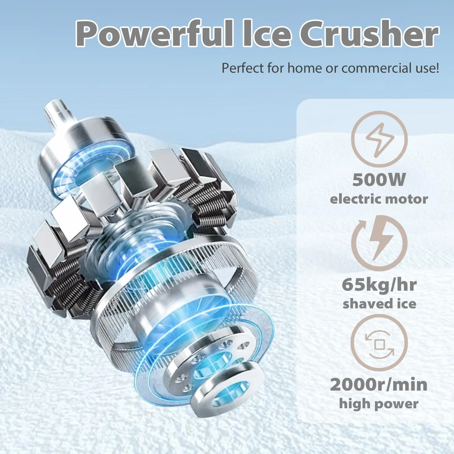 Frullatore elettrico per ghiaccio 500 W 2000 giri/min, rompighiaccio in acciaio inox 65 kg/h, doppio coltello Ice Shaver Machine con ciotola, Ice Crushers Machine per la preparazione di frullati