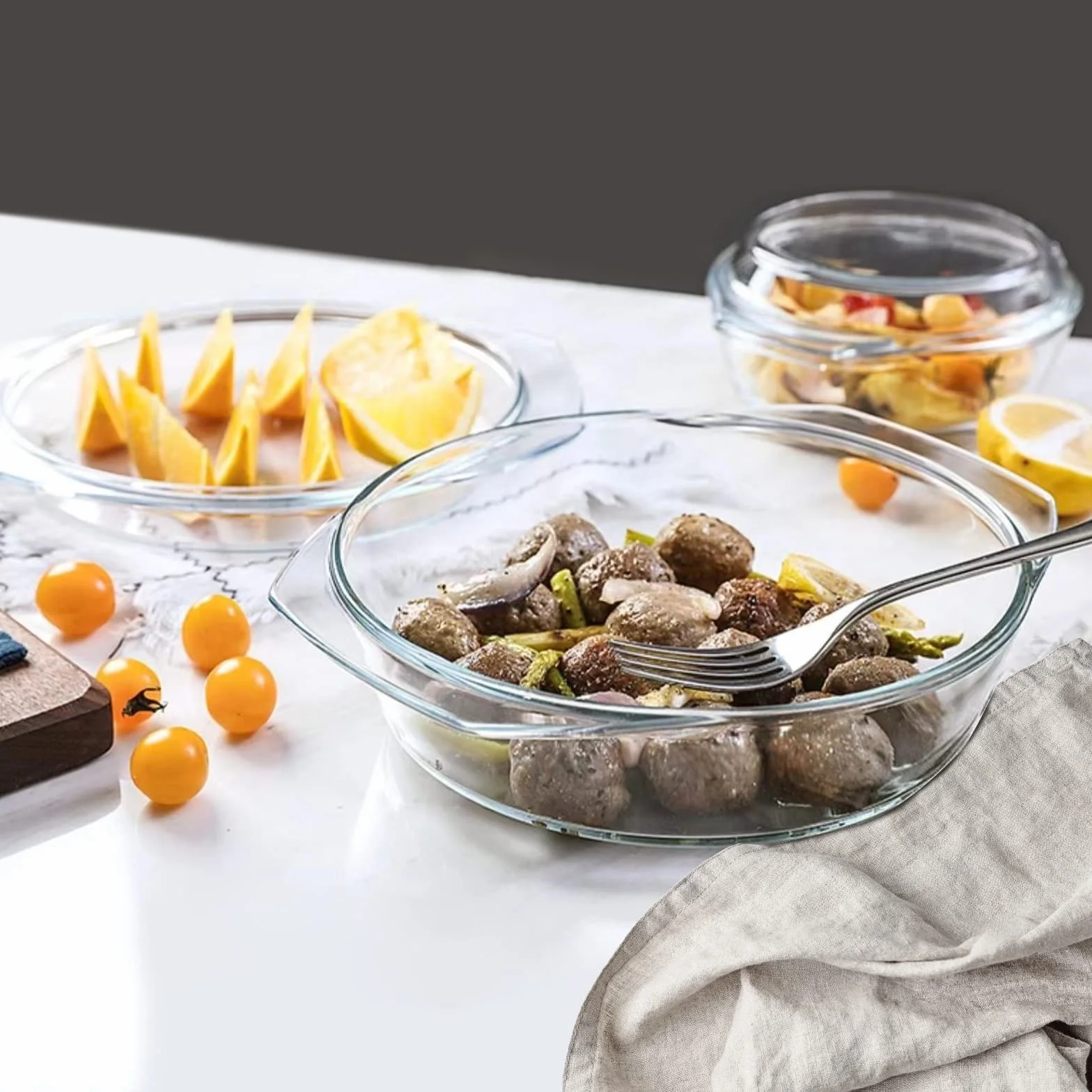 Set di 6 Pezzi Casseruola Tonda in Vetro Con Coperchio, 1L+1.5L+1.8L Temperato Teglia da Forno per Forno, Congelatore e Lavabile in Lavastoviglie