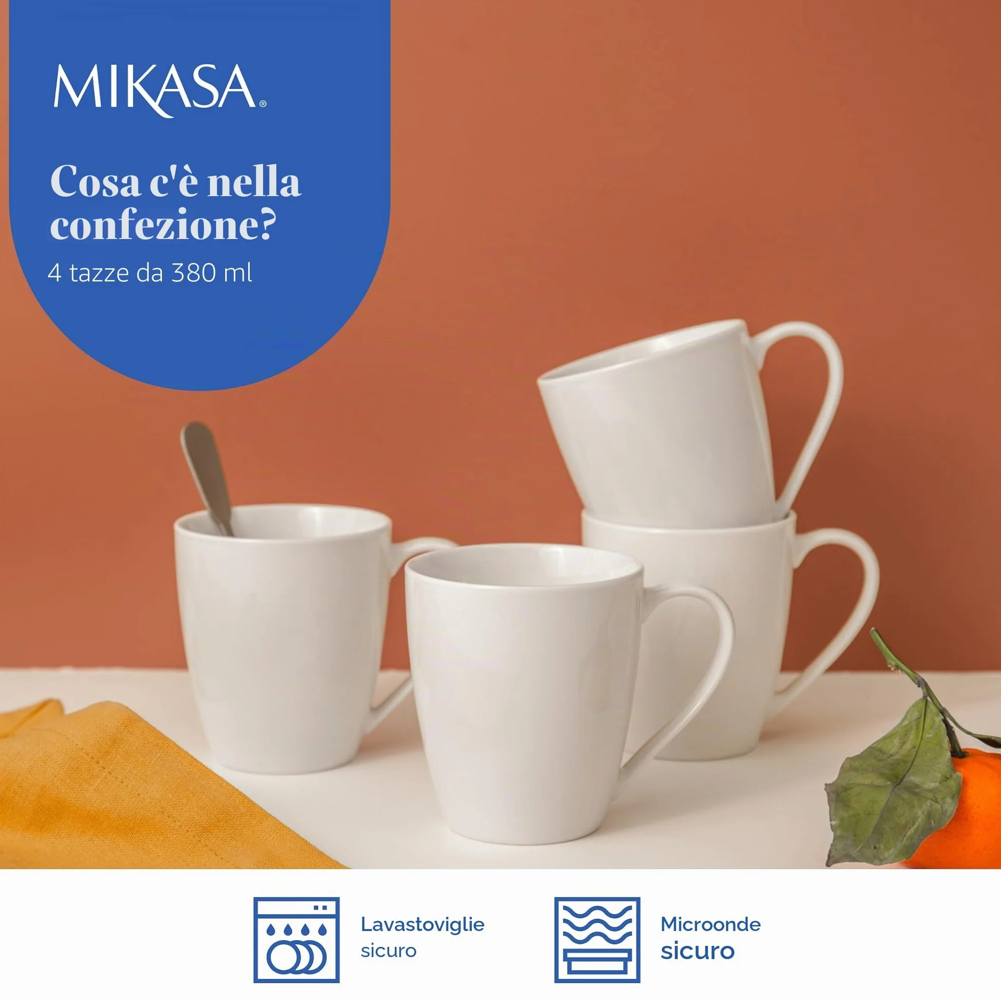Mikasa Chalk Tazze di porcellana, Set di 4 tazze bianche 380 ml per tè e caffè