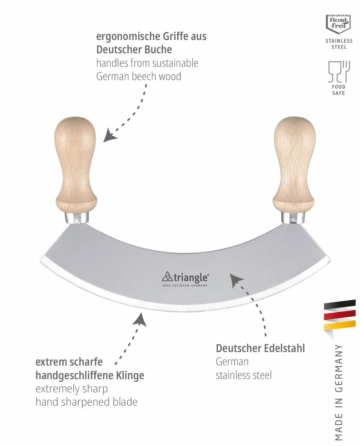 triangle Gustav 23 cm Individuale Hachoir/Erba Mezzaluna Chopper con Manico in Legno Chiaro, Argento