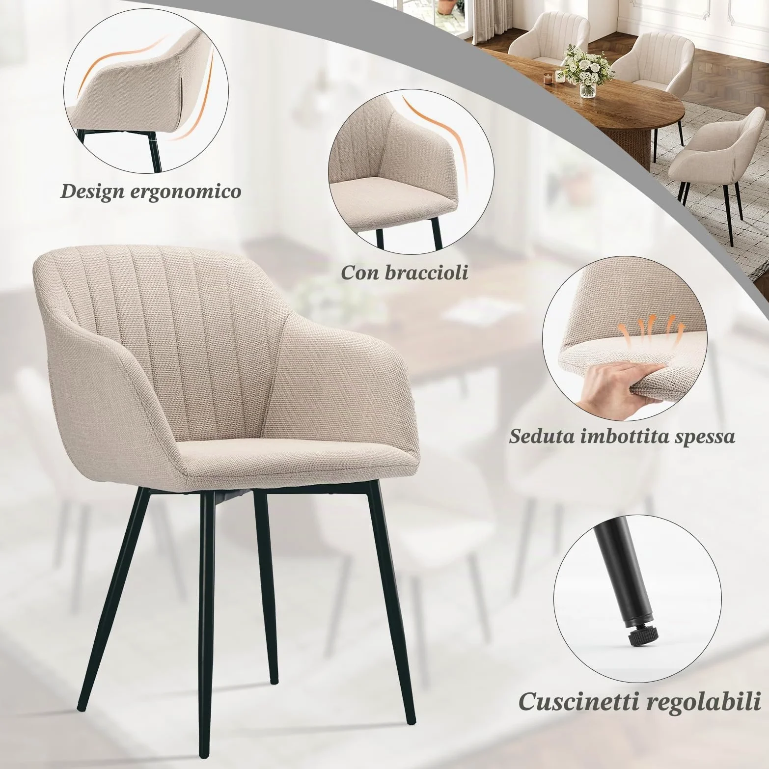 Set 6 Sedie da Pranzo Beige Imbottite con Braccioli, Poliestere, Gambe in Metallo – Cucina e Sala Moderna