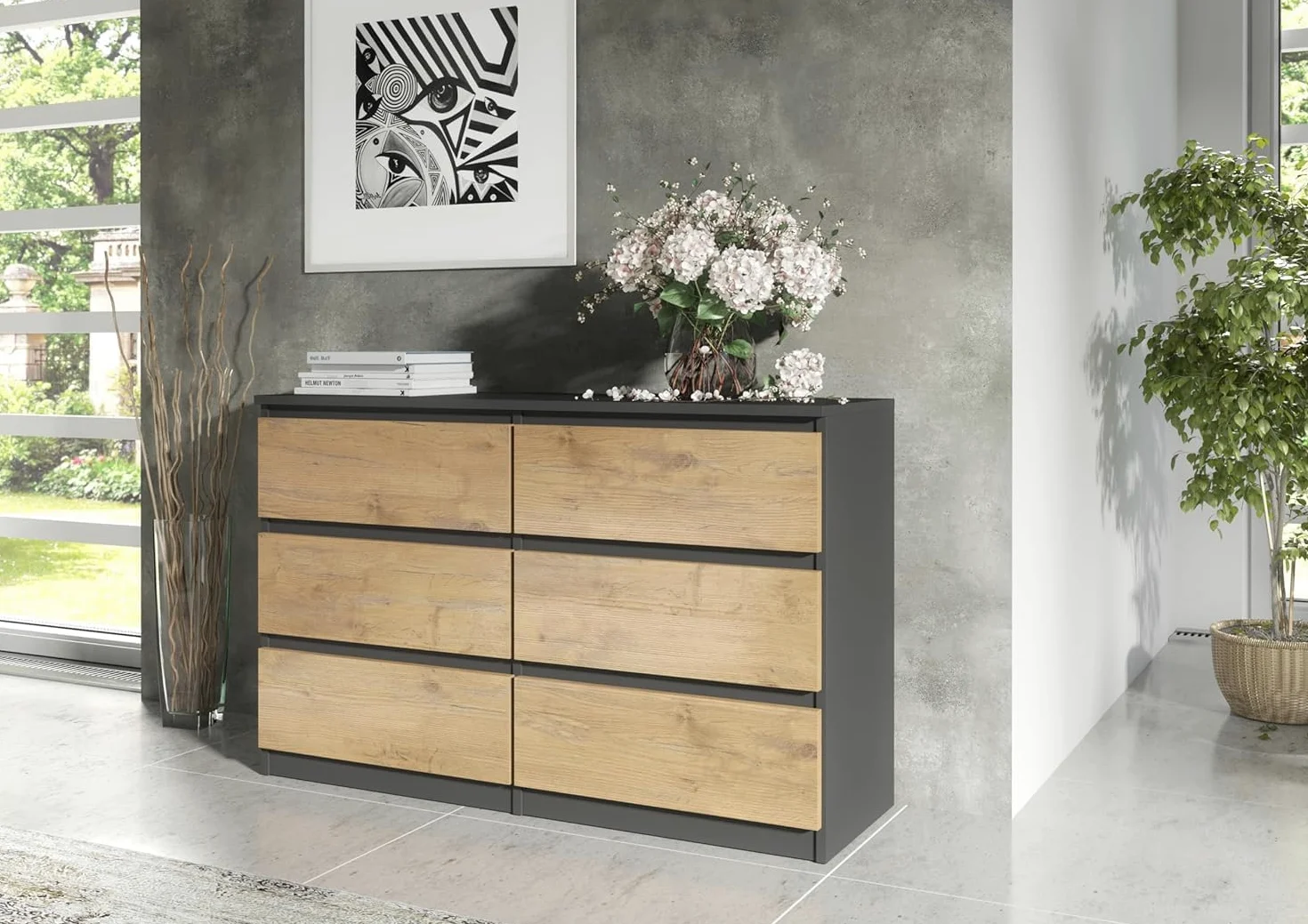 meble masztalerz Cassettiera Camera da Letto con 6 Cassetti - Credenza Soggiorno - Moderna Comò - Cassettiera Alta - Mobiletto con Cassetti - Antracite & Lancelot 138,5 x 39 x 78,5 cm