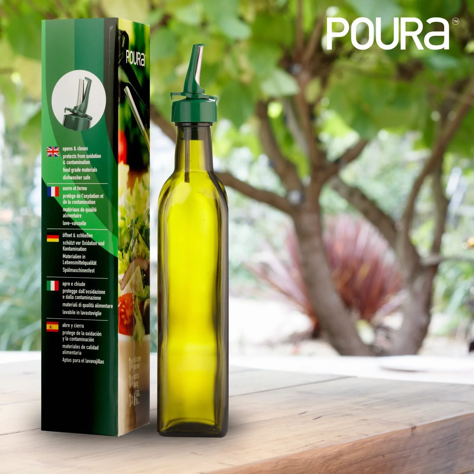 Poura Bottiglia Olio d'Oliva e Aceto Set Vetro 500 ml con Tappo Dosatore Salvagoccia ClickSeal e Imbuto Silicone