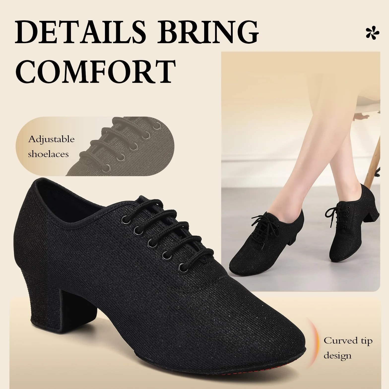 Scarpe da Ballo Latino da Donna a Punta Chiusa Nere con Lacci Salsa Tango Pratica Scarpe da Allenamento Tacco 5cm