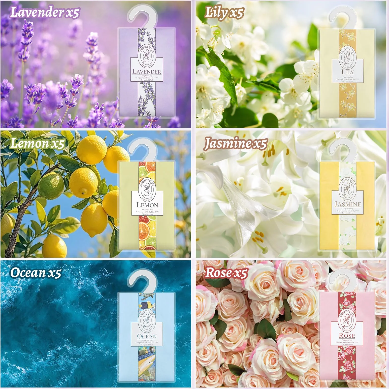 Confezione da 30 sacchetti profumati naturali antitarme, 6 diverse fragranze, deodorante per armadio, con bustine da appendere, deodoranti per guardaroba, carrello da bagno per vestiti