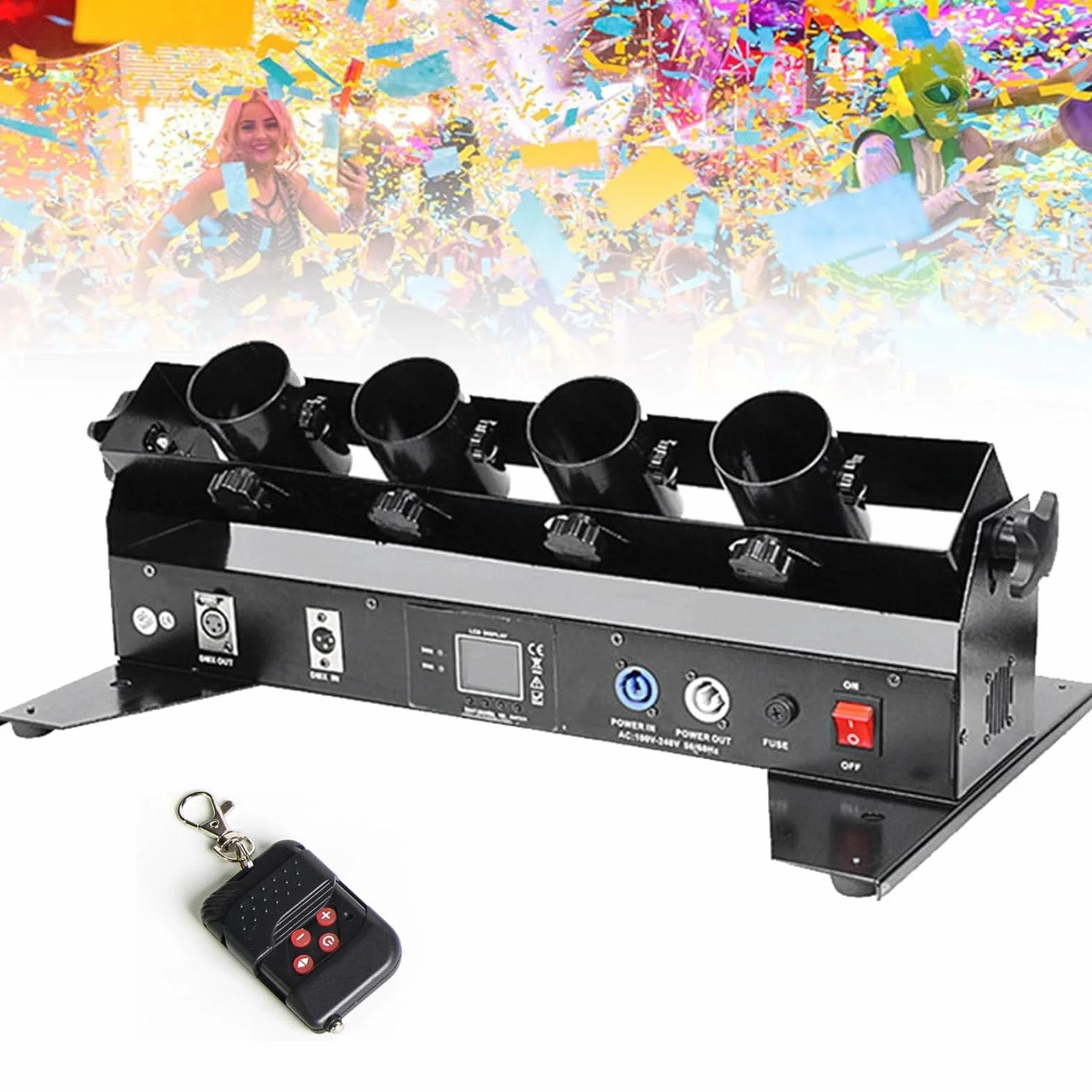 Lanciatore di coriandoli elettrico, macchina professionale per lancio di coriandoli a 4 colpi, cannone per coriandoli DMX512/telecomando per matrimoni, spettacoli, discoteche, club, palco, feste
