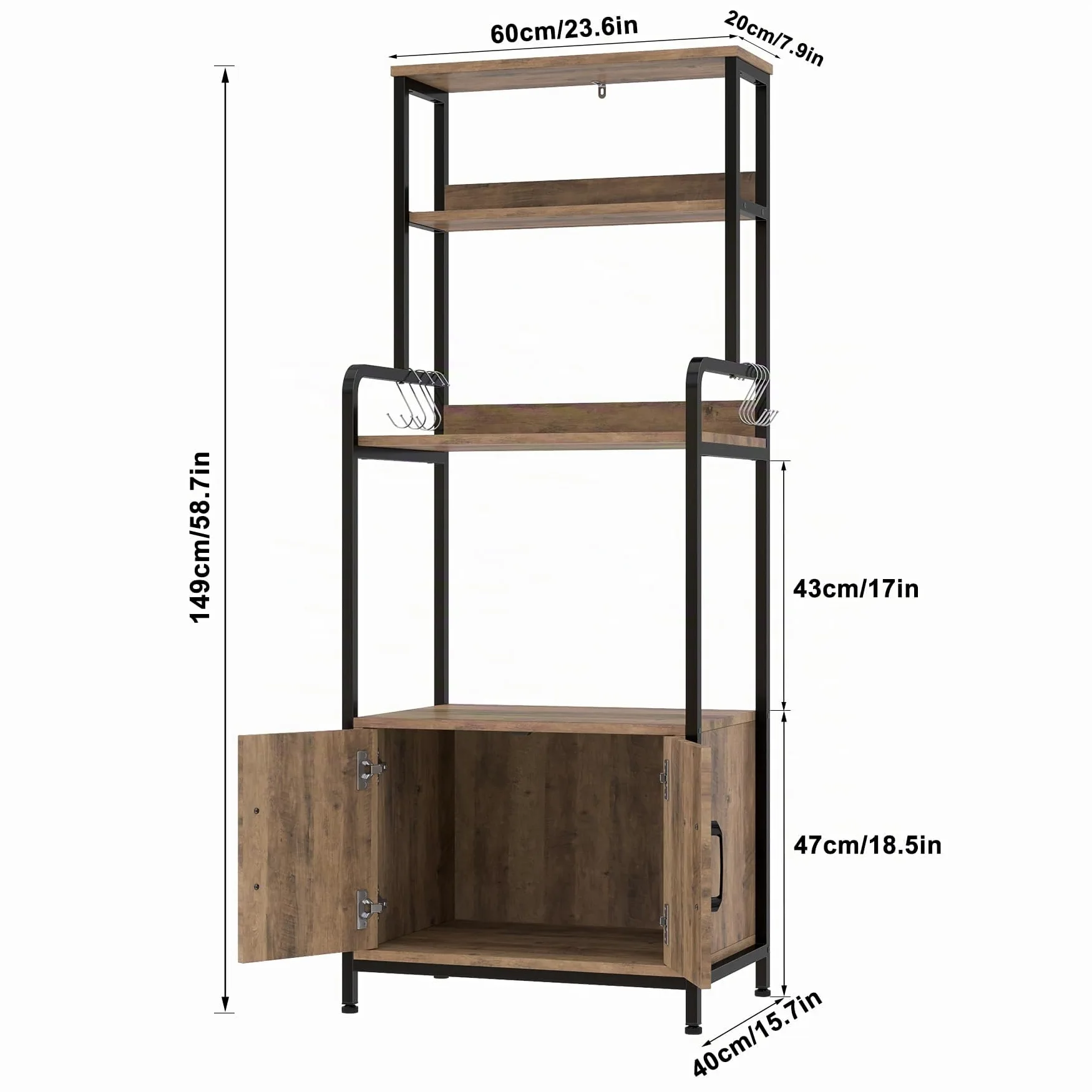 HOCSOK Scaffale da Cucina, Armadio da Cucina, Mobile per Microonde con 2 Ante, 4 Scaffale e 8 Ganci, Mobile Ausiliario per Stoviglie, Spezie, Legno, 60x40x149cm, Antico