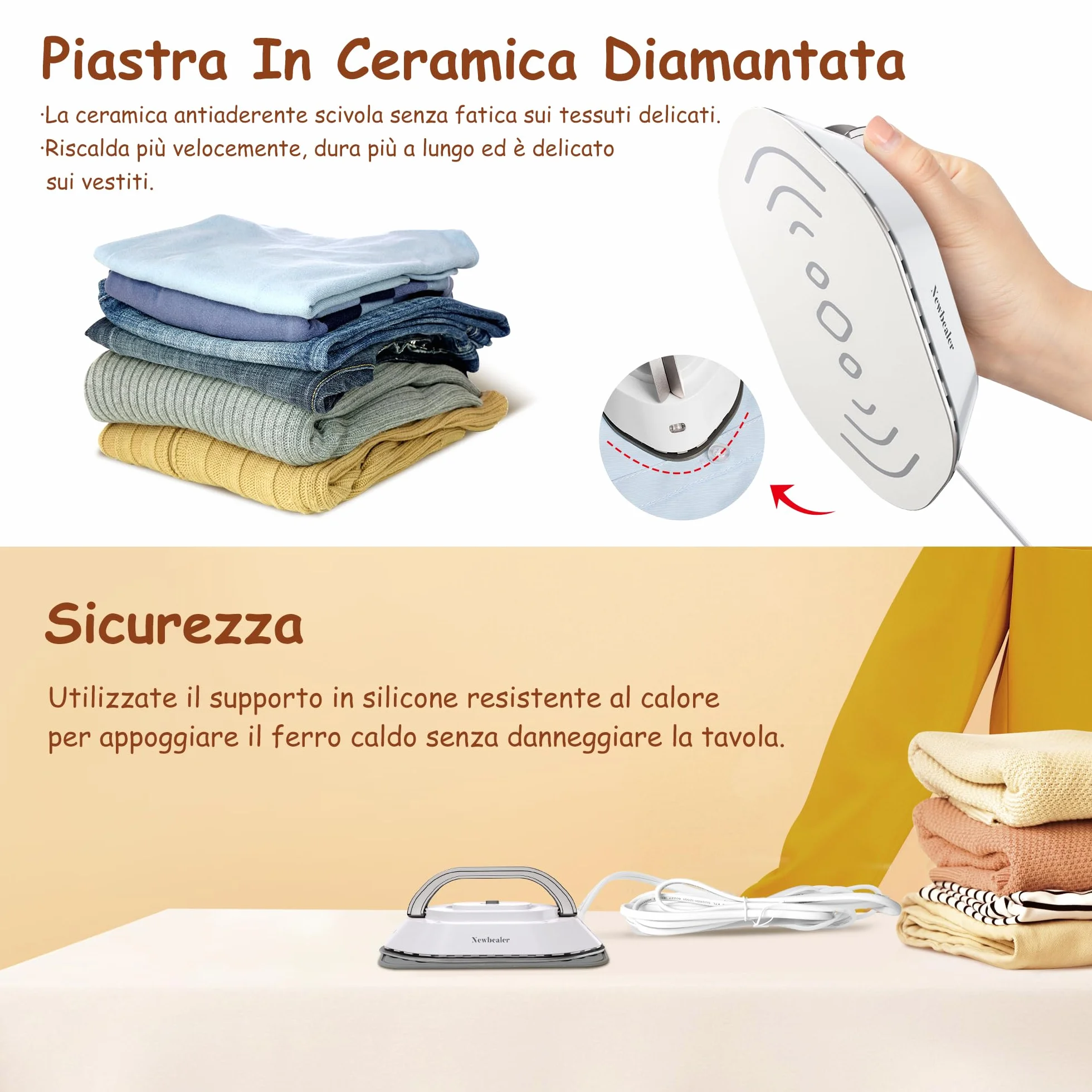 Newbealer Ferro da Stiro da Viaggio, Ferro da Viaggio Mini Portatile Leggera Compatto senza Vapore, Stirare i Vestiti, Tensione Universale 100-240V, Oro