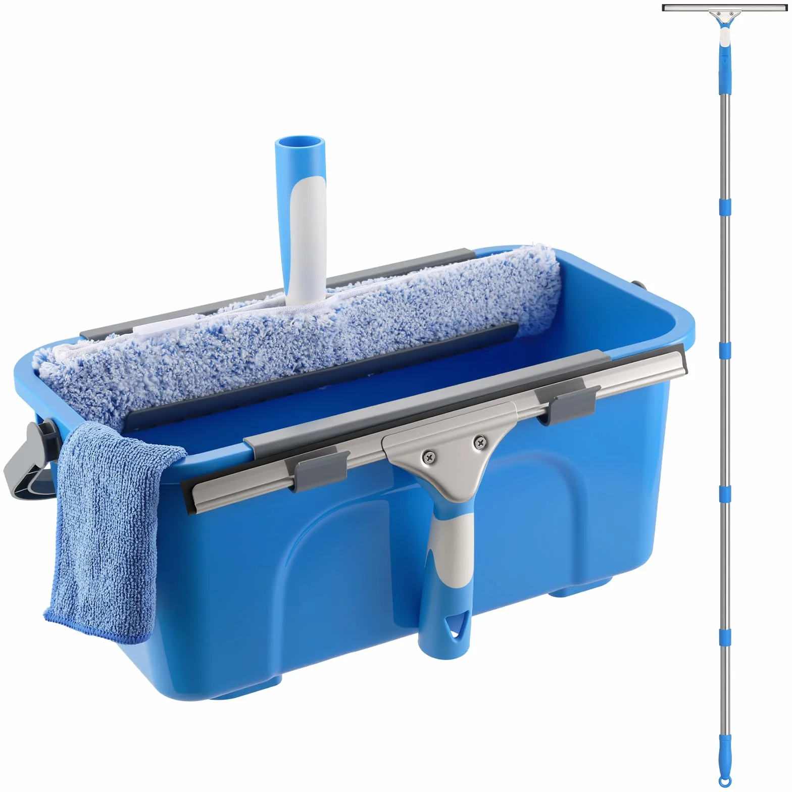 Mitclear Kit Professionale per Pulizia dei Vetri, 8 Pezzi, Secchio da 12L, Tergivetro in Silicone, Lavavetri in Microfibra, 196cm Manico Telescopico, Panno, Strumenti Pulizia di Vetri, Finestre, Auto
