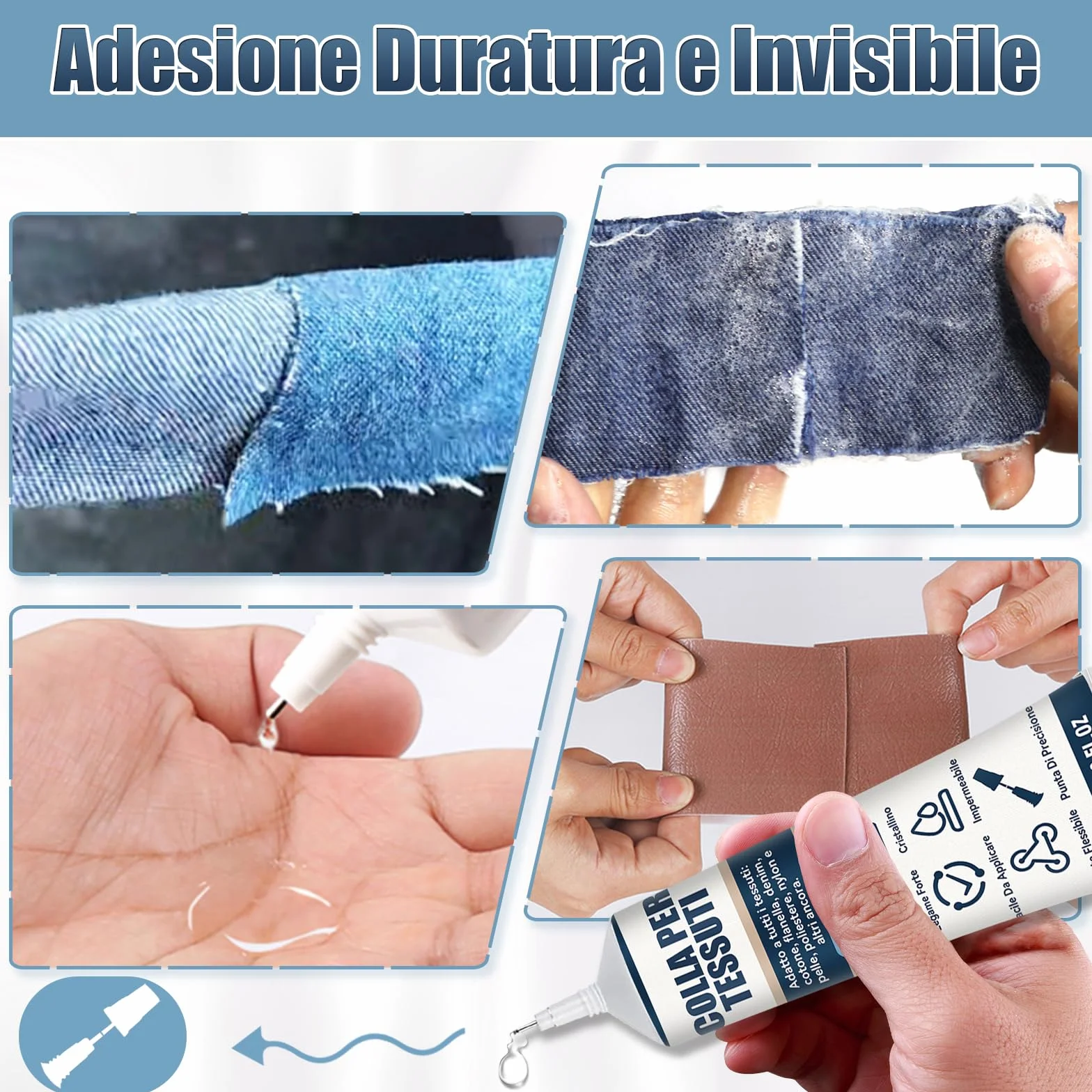 Colla per Tessuti Trasparente Impermeabile Resistente ai Lavaggi 60ml