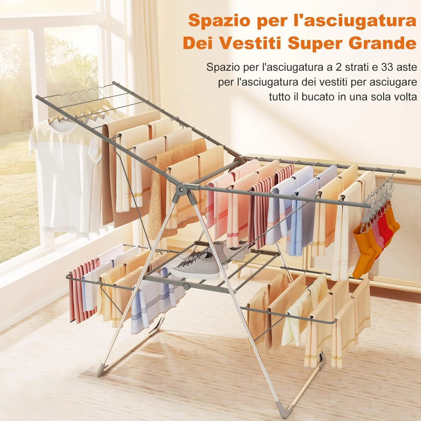 Innotic Stendibiancheria Pieghevole 33 Aste, Stendino Salvaspazio 2 Livelli, Stendino Verticale Regolabile Resistente, per Esterno Balcone Interno, Stendipanni con Accessori Richiudibile, Grigio