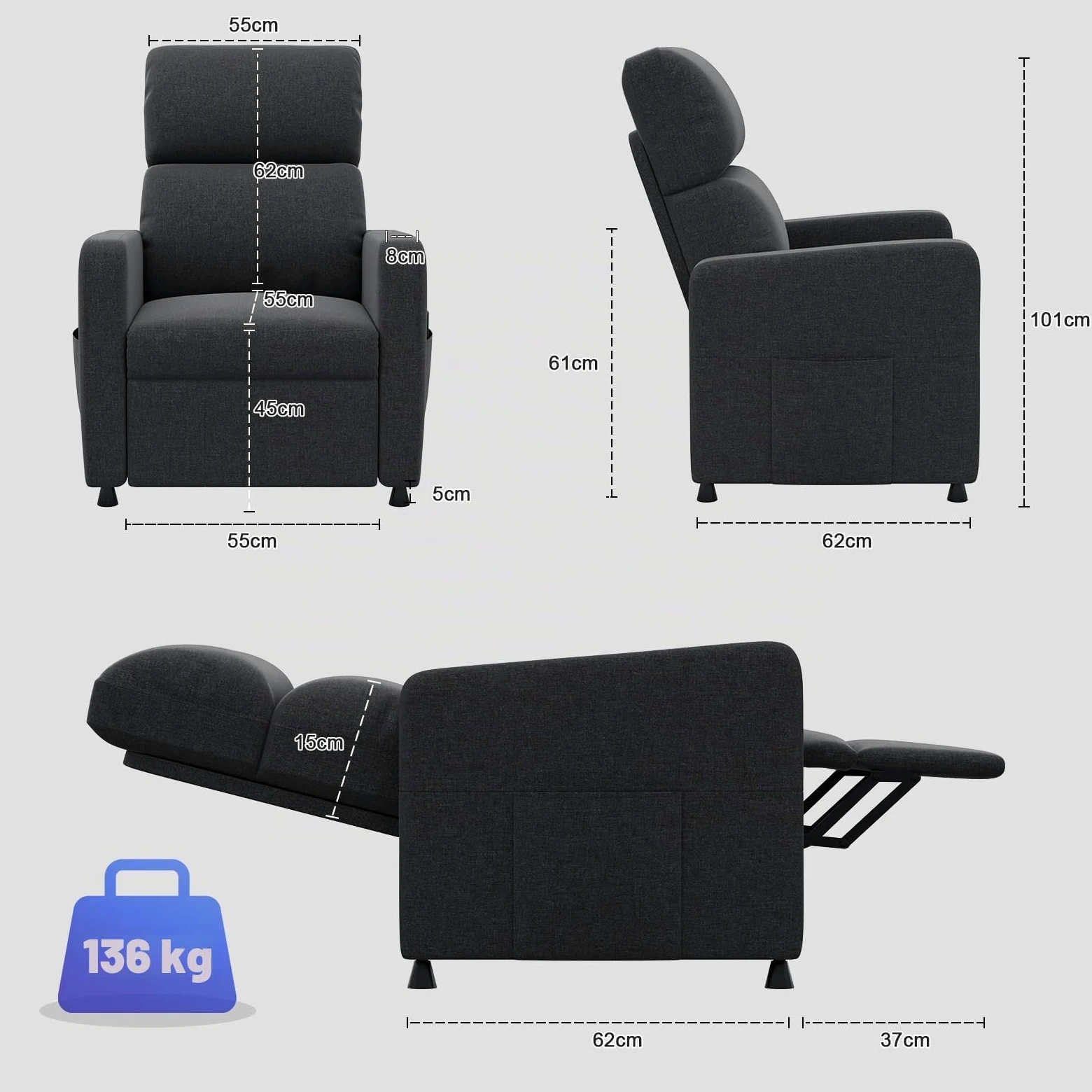 JUMMICO Poltrona di Relax Elettrica Reclinabile con Schienale Regolabile, Poltrona TV, per Camera, Soggiorno e Home Cinema, in materiale lino