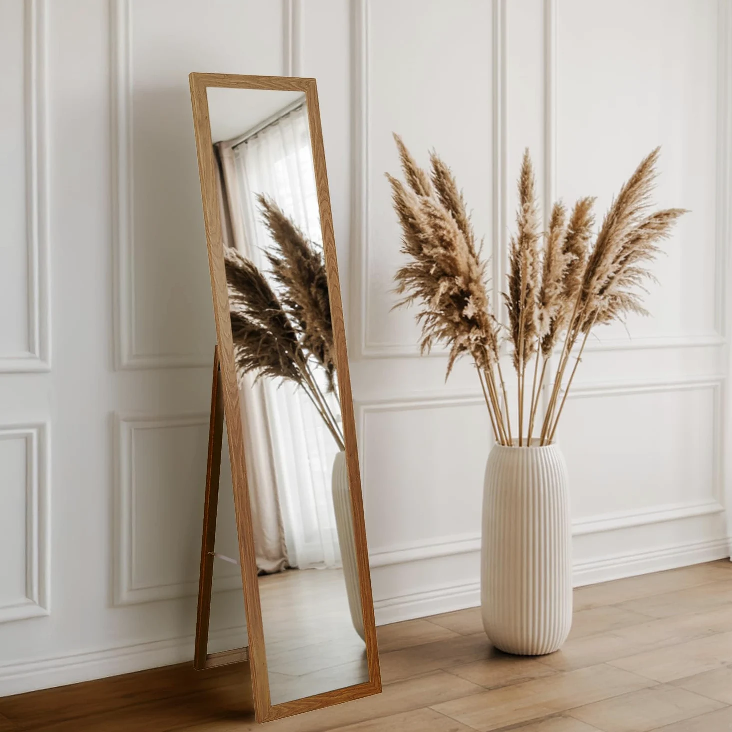 Specchio da Pavimento 36x156 cm Trasportabile Cornice in Legno MDF per Camera da Letto, Soggiorno, Sala da Pranzo, Guardaroba Moderno Elegante Figura Intera con Supporto Rettangolare