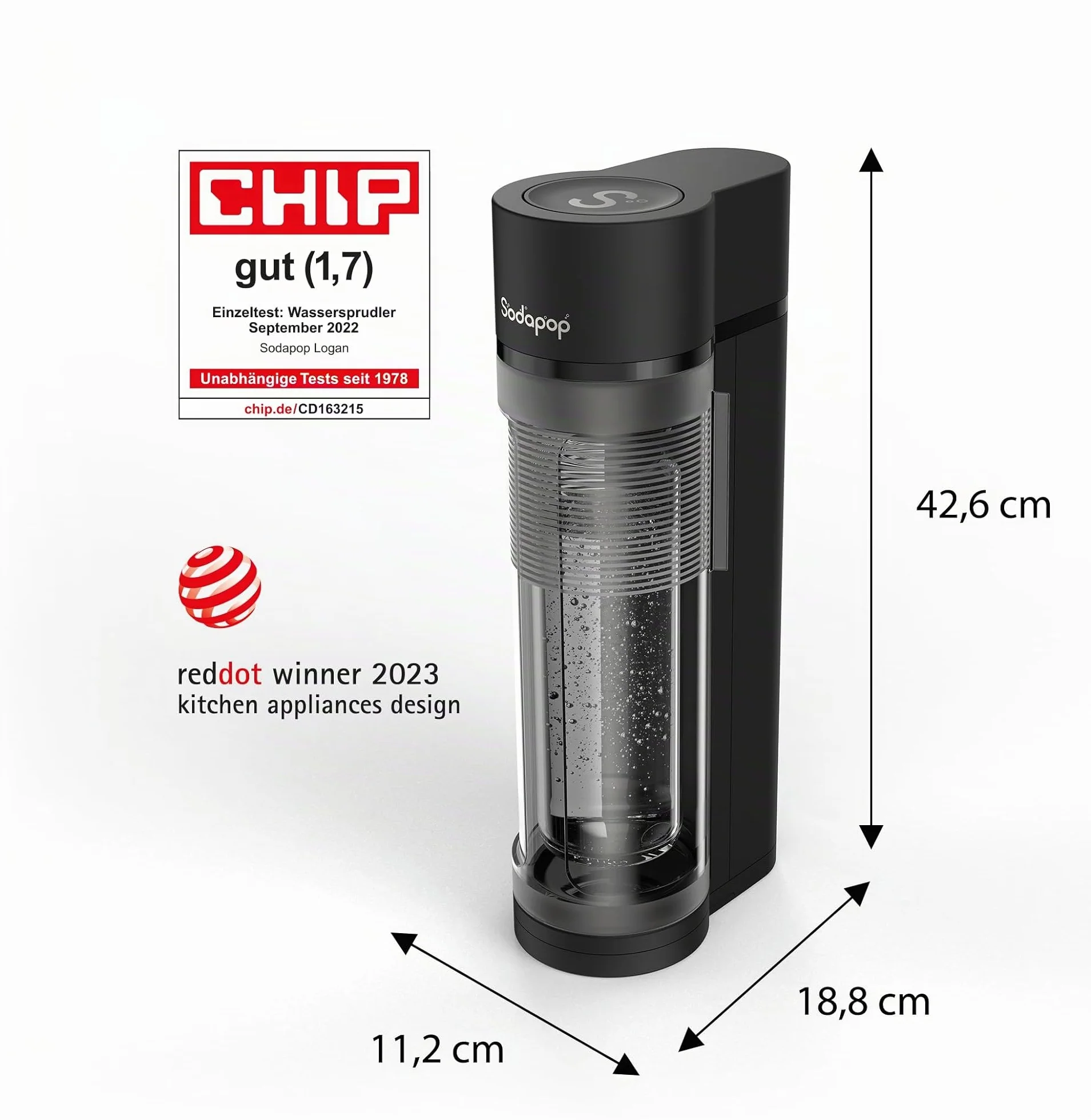 Sodapop Aeratore Logan Starter Set con cilindro CO₂, con 2 bottiglie di vetro (850 & 600 ml) e 1 bottiglia in PET (850 ml), colore nero opaco, altezza 42,6 cm