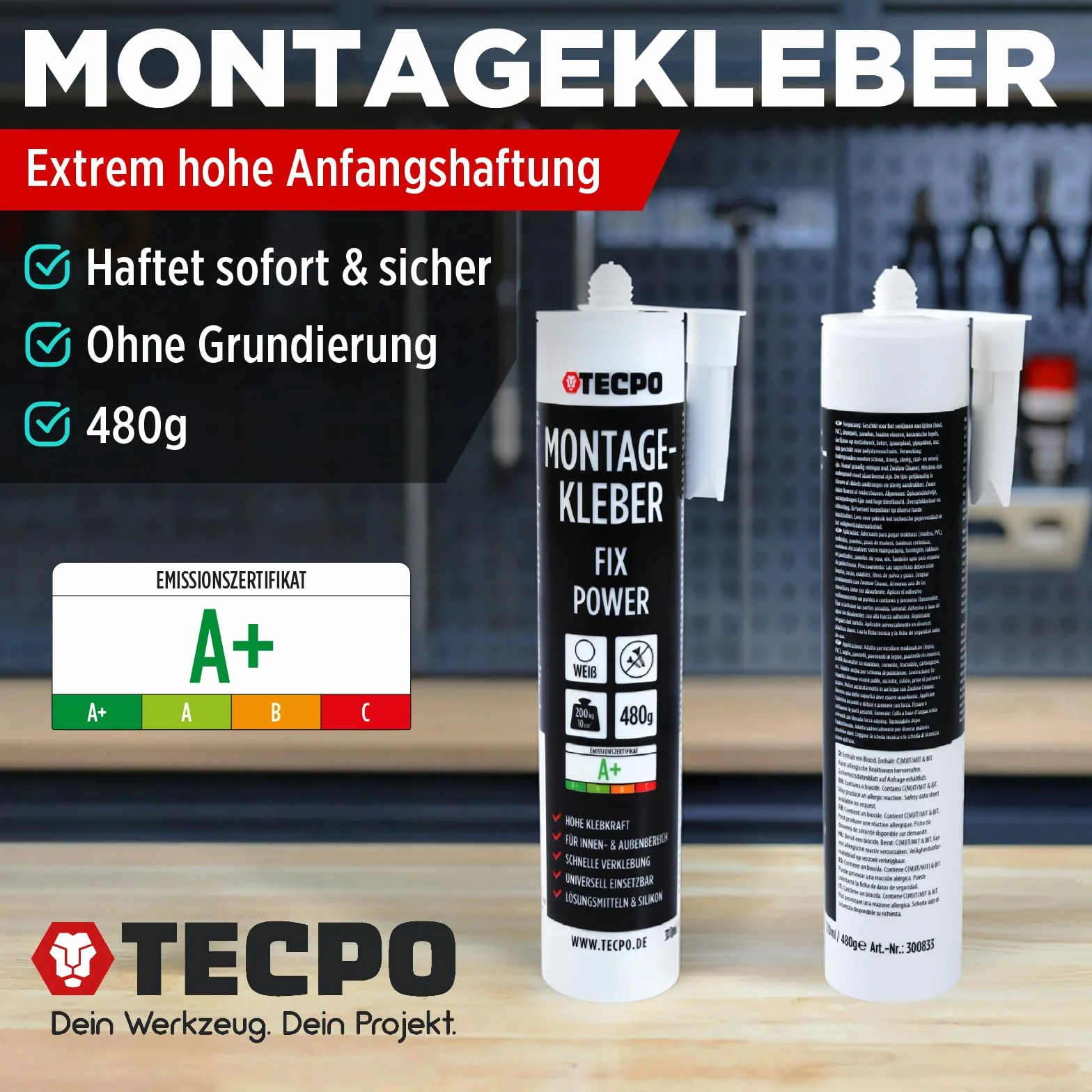 TECPO Colla di montaggio Fix Power 480 g universale 200 kg 10 cm² per pannelli acustici polistirolo battiscopa