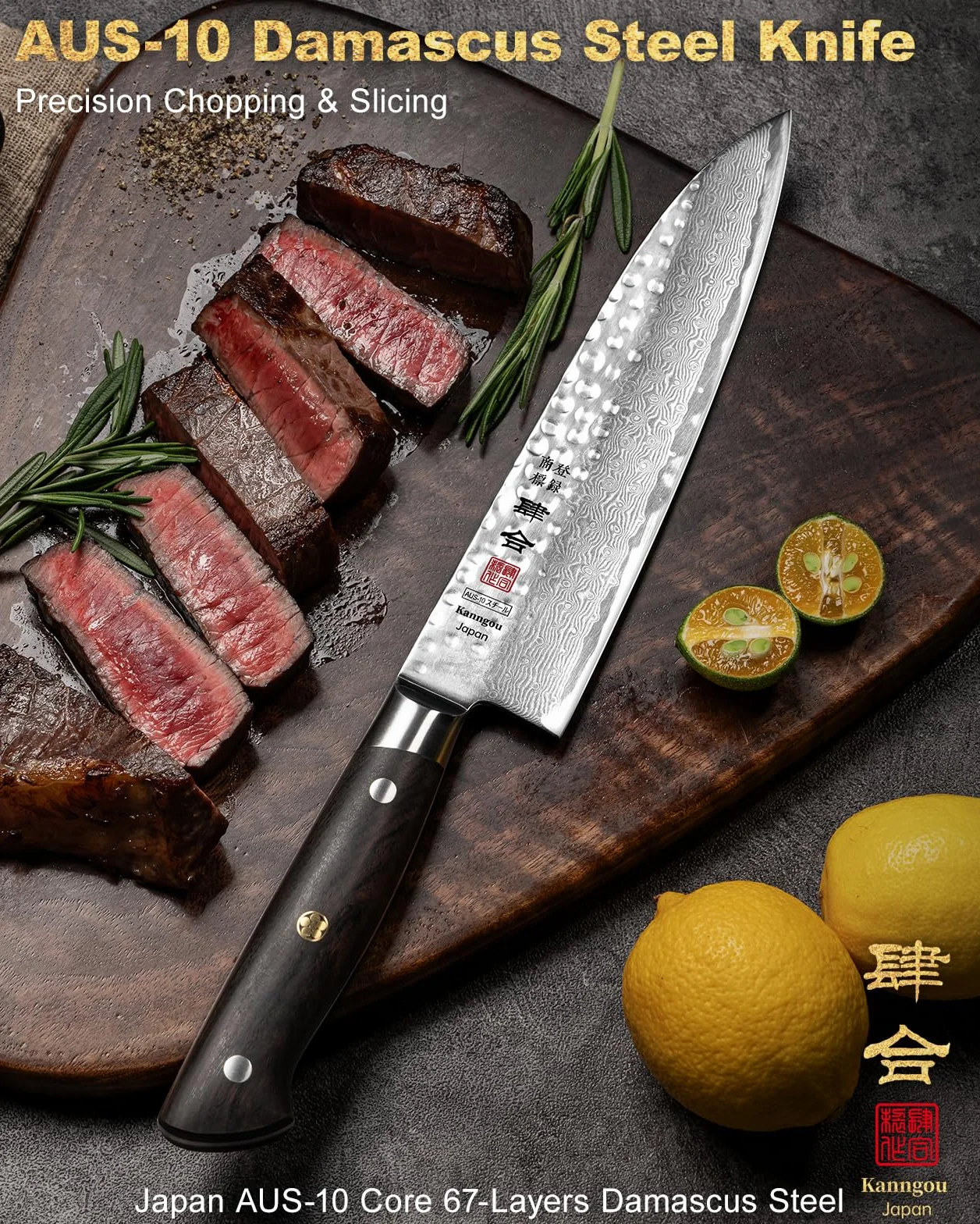 Kanngou Coltello Giapponese Damas 21 cm Coltello Gyuto in Acciaio Damasco 67 Strati, Manico in Legno di Ebano Piena Seta, Coltello da Cucina Professionale con Cofanetto Regalo Premium