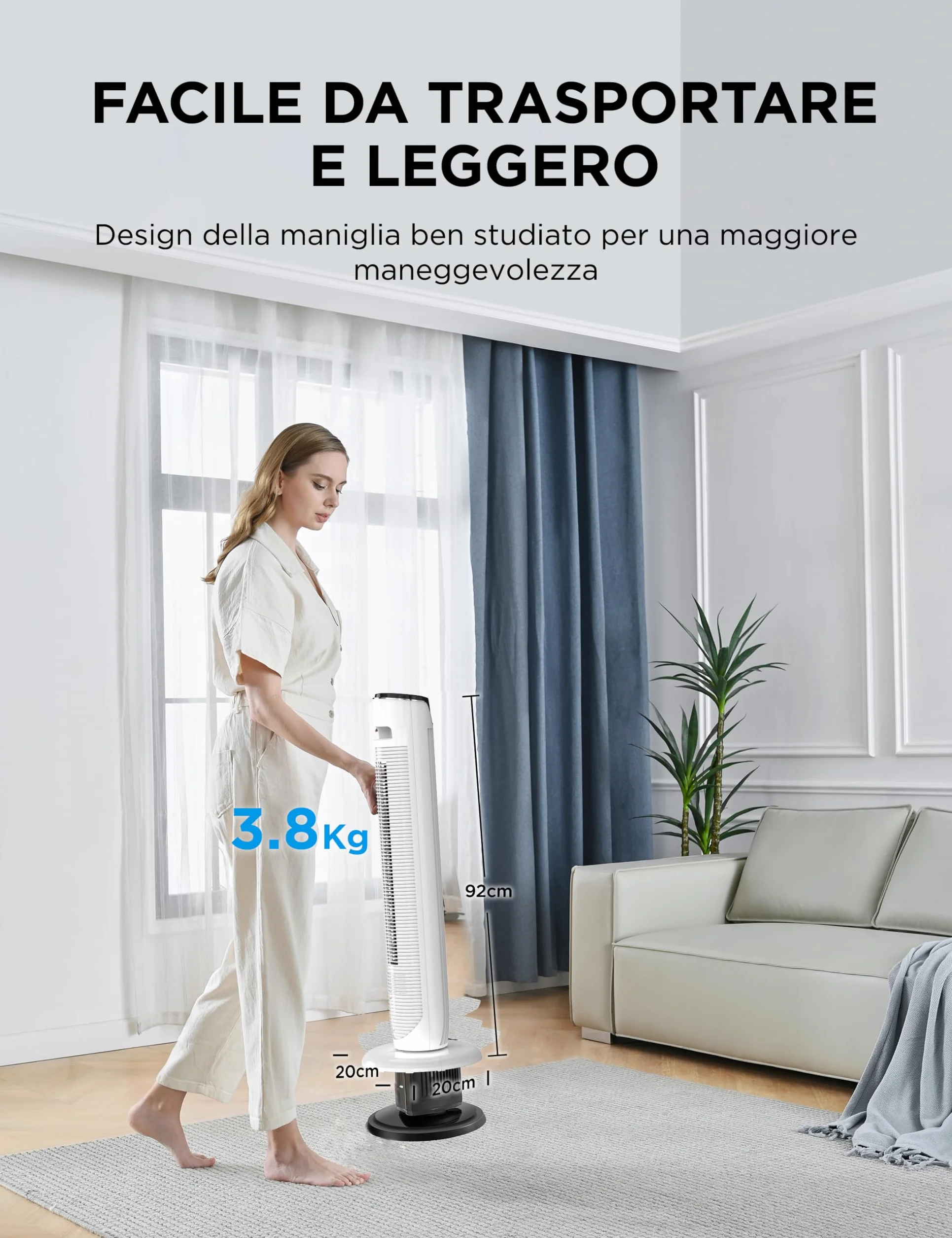 Midea Ventilatore Torre con Telecomando FZ10-17JRSE(WH) Flusso d’Aria 7 m/s, Oscillazione 90°, 3 Velocità e 3 Modalità, Timer 7h, Motore 45W, Silenzioso