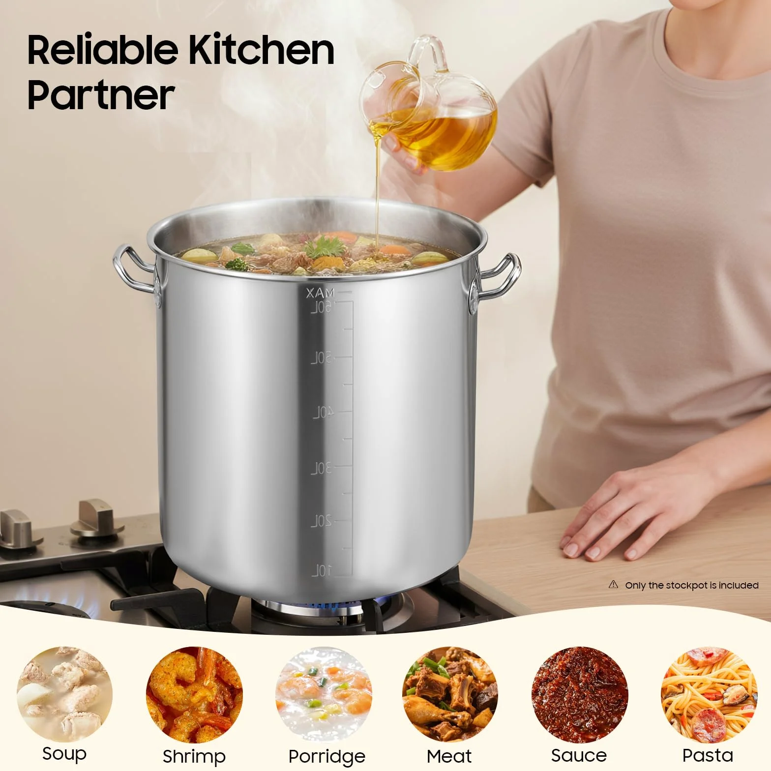Pentola da cucina in acciaio inox, 70 l, grande capacità, con manici, per feste e gastronomia, 46,5 x 45 cm, in acciaio inox per fornelli a gas, fornelli elettrici, fornelli a induzione