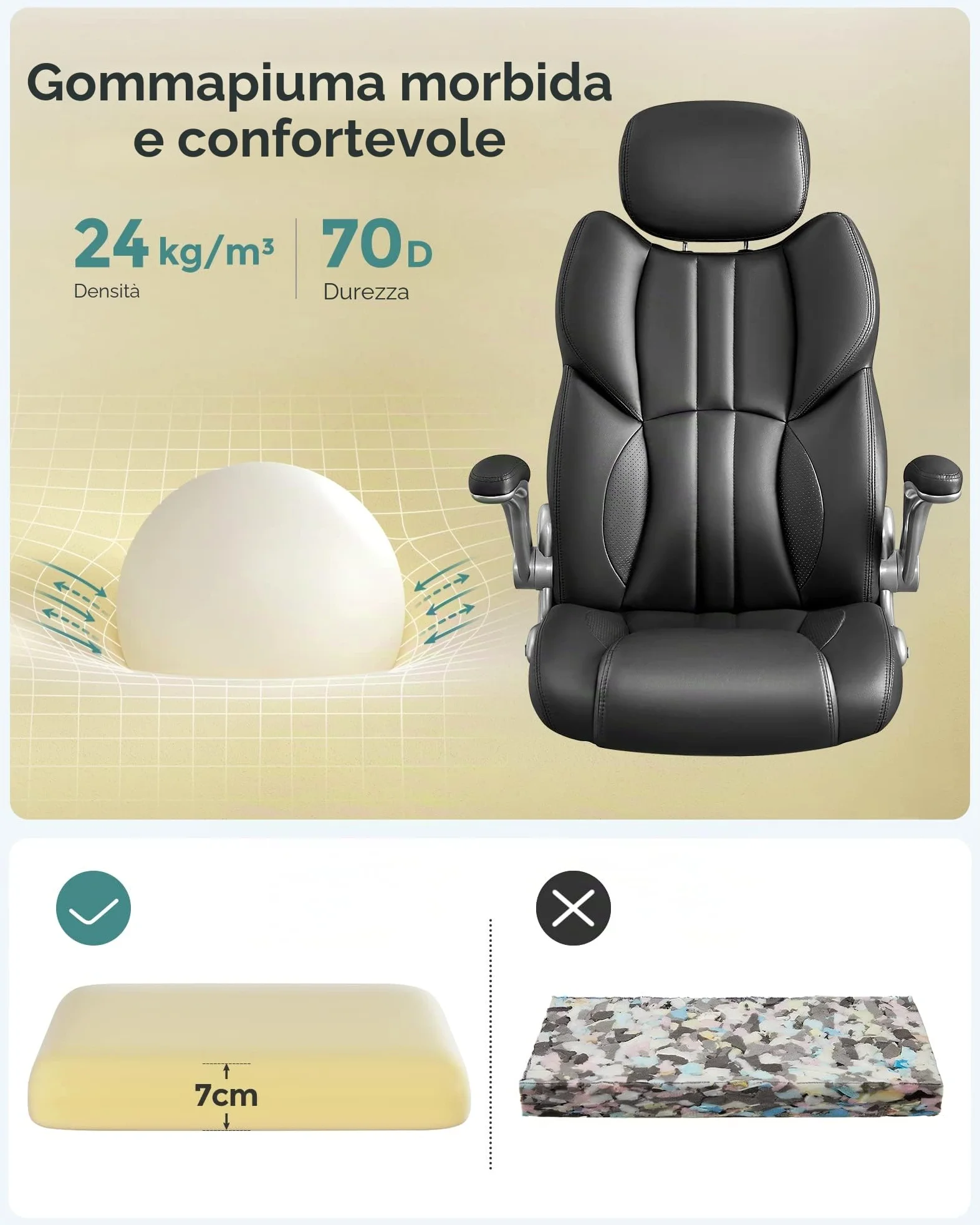 SONGMICS Sedia da Ufficio, Poltrona Girevole Ergonomica, con Braccioli Pieghevoli, Base a Stella in Nylon, Carico Massimo 150 kg, Nero OBG65BK