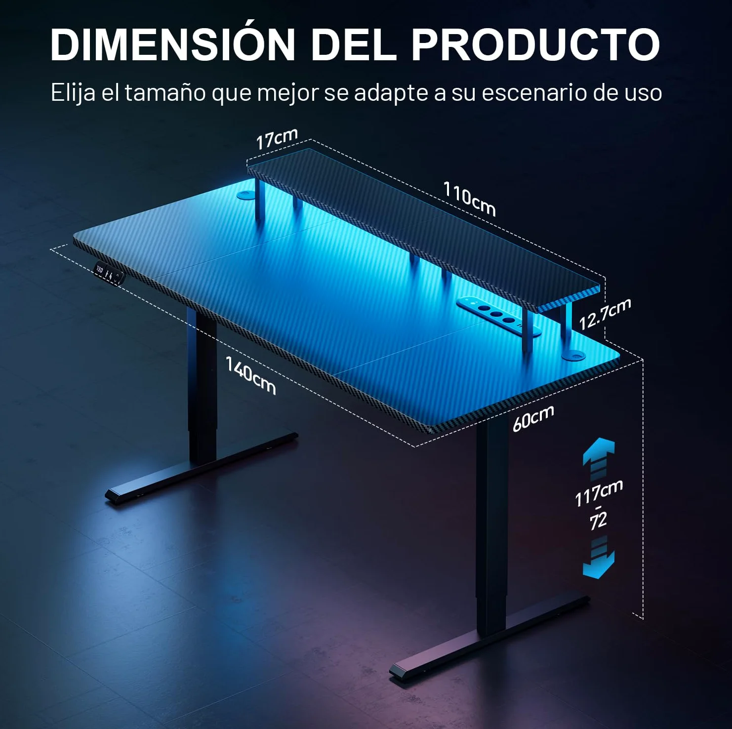 HLFURNIEU Scrivania Gaming LED 140 x 60 cm, Scrivania Regolabile in Altezza con Prese & Porte USB, Tavolo Gaming con Supporto per Monitor, 2 Controlli Memoria, Postazione Gaming Nero