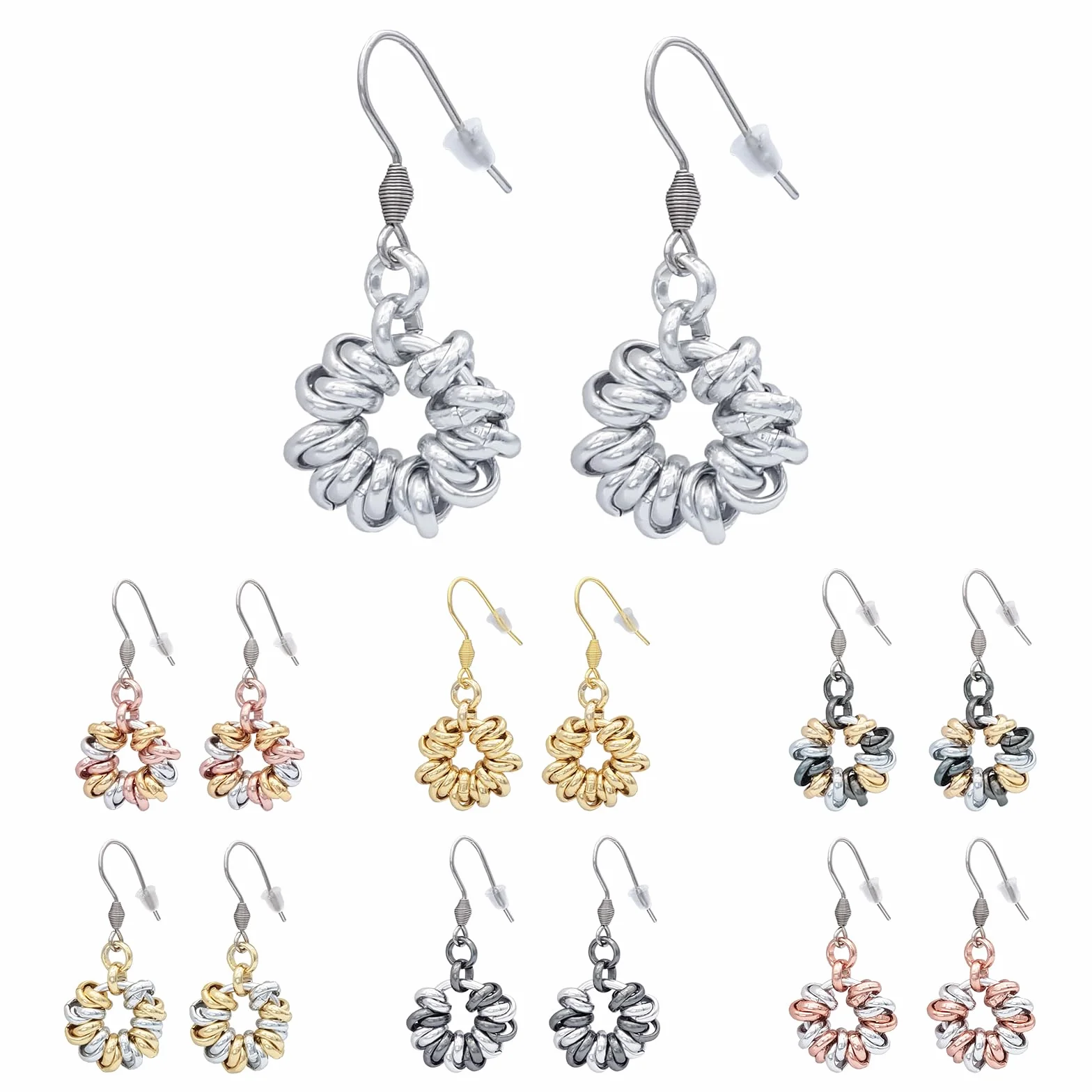 Particolarmoda Orecchini Donna Pendenti Tondi a Cerchio Leggeri Nodini Intrecciati 6 mm Argentato Dorato Rosa