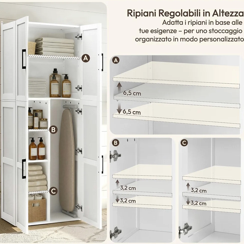 Yaheetech Armadio per Scope Alto 175,5 cm Armadio Multiuso a 4 Ante Scomparto per la Dispensa Profondo 37,5 cm Mobiletto Contenitivo Slanciato con Vano per l'Aspirapolvere Bianco