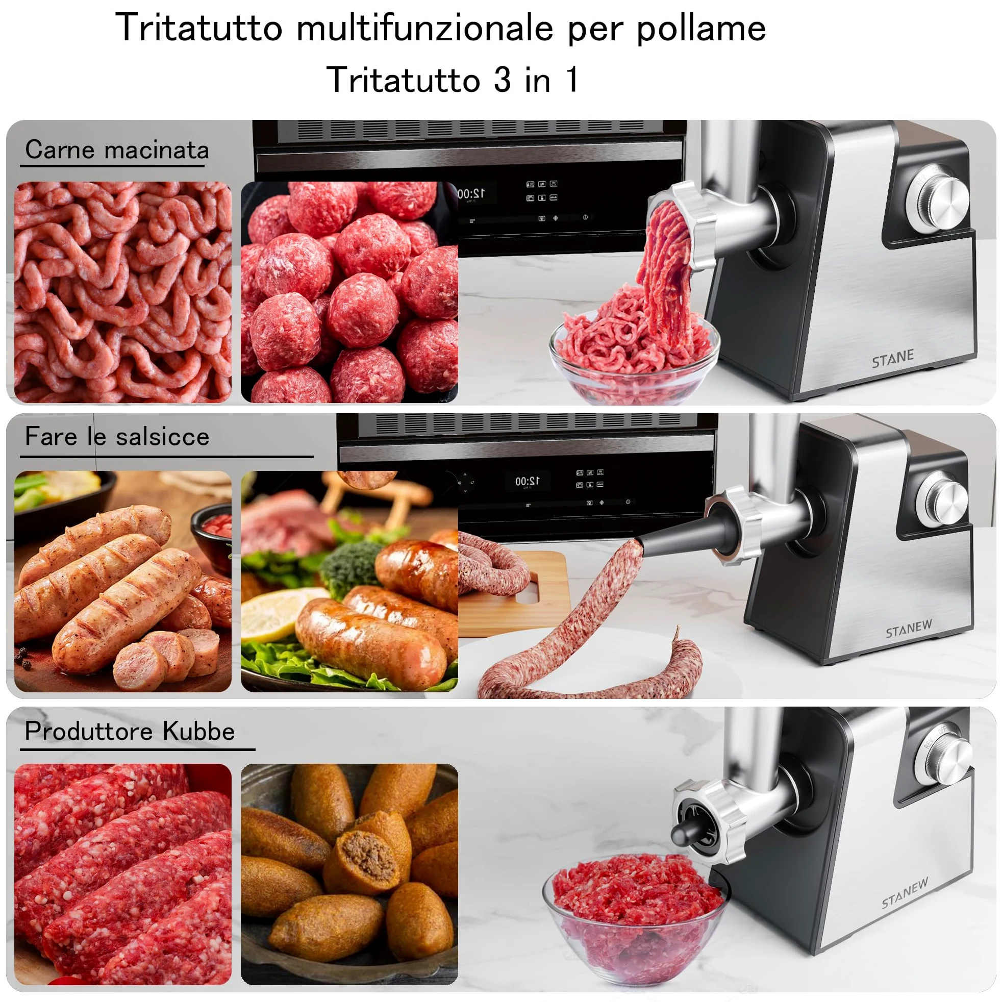 Tritacarne Elettrico STANEW 2500W - Robot da Cucina con 5 Lame Professionali (Taglio Onda/Grattugia) + Accessori Salsiccia/Biscotti, Design Compatto per Carne, Verdure e Formaggio