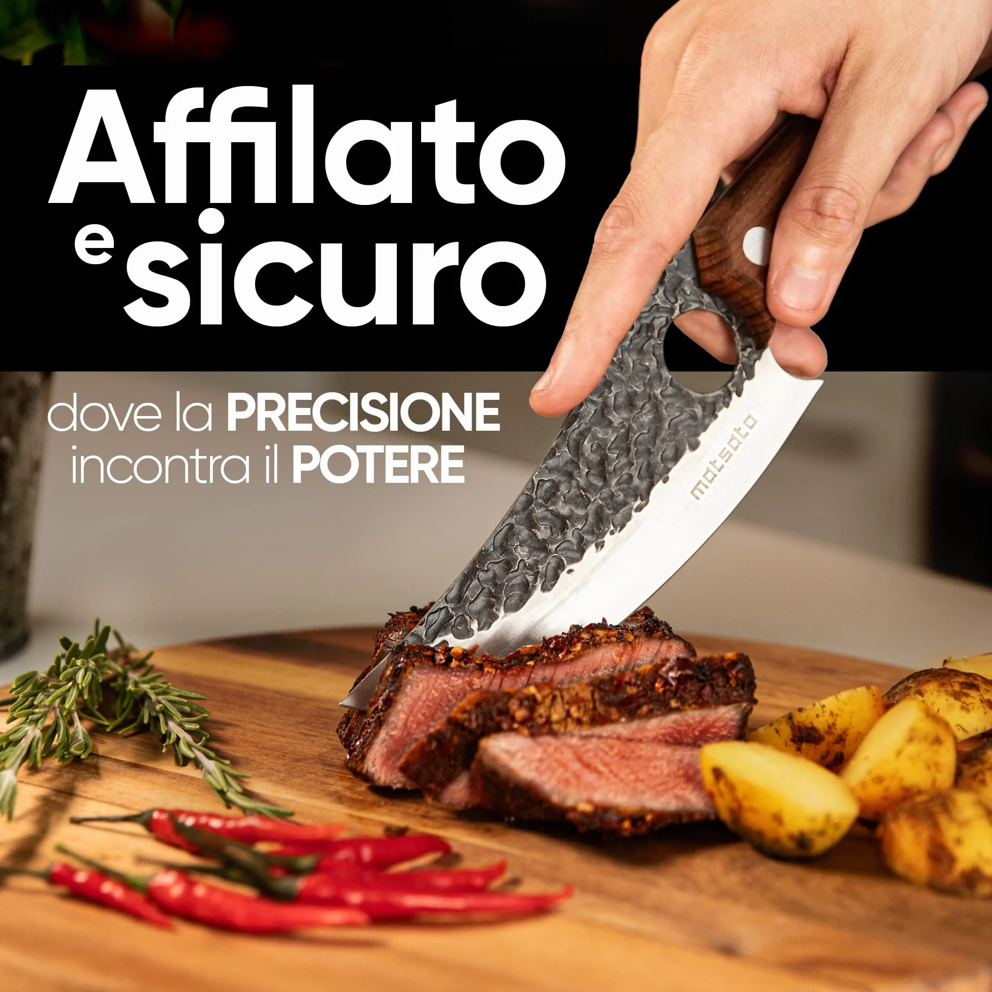 Matsato Set Coltello Professionale da Cucina in Acciaio Giapponese con Lama 15 cm, Coltello Cucina per Carne e Verdure con Fodero di Pelle, Custodia Coltelli BBQ