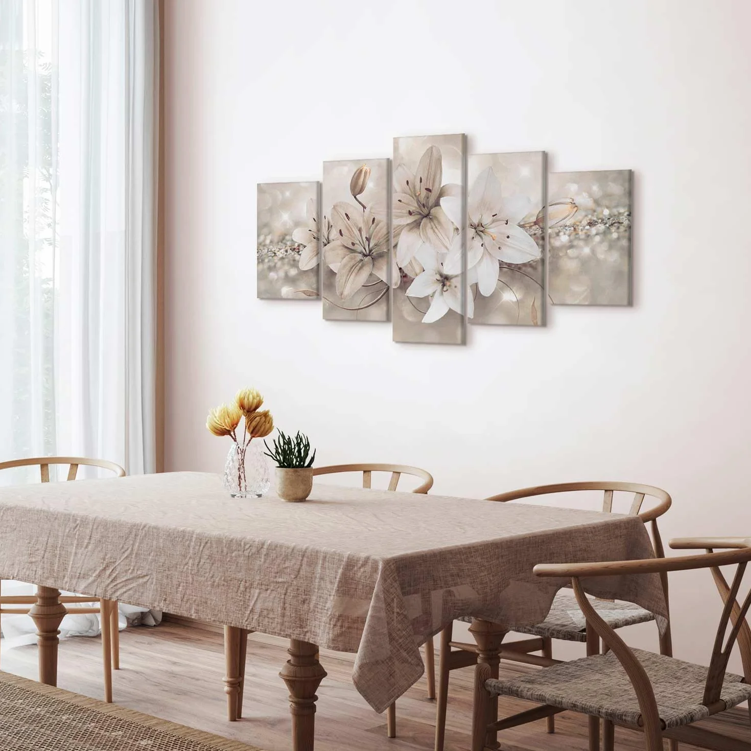 B&D XXL - Quadro Fiori Giglio 150x75 cm 5 pezzi Stampa su tela con Struttura - Quadri Moderni Soggiorno Grandi - Pannelli Decorativi per Pareti Decorazione da parete - Astratto Natura b-A-0297-b-n