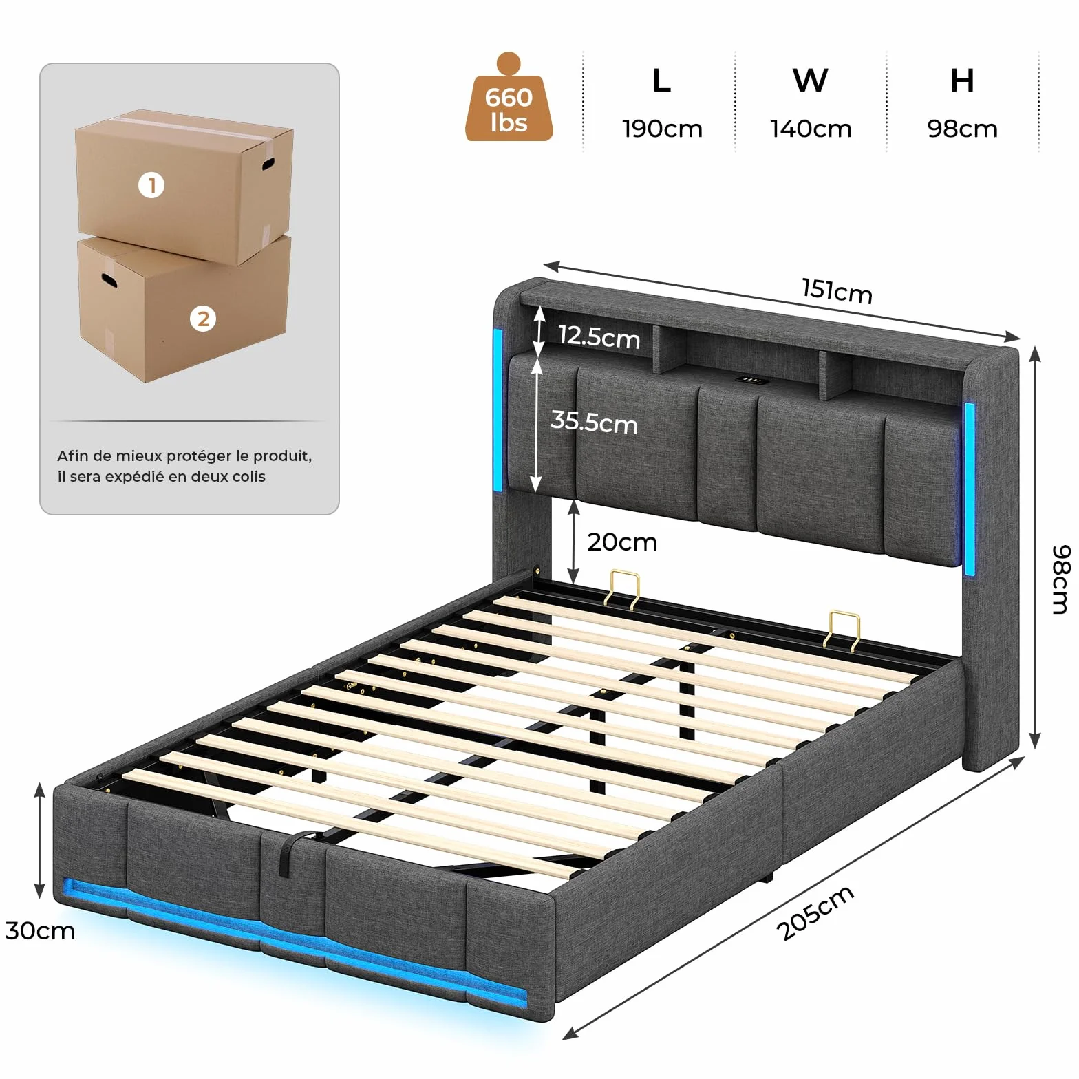 AOGLLATI Letto 140x190 cm con Sollevamento Idraulico, Letto Contenitore Matrimoniale con Illuminazione a LED e Stazione di Ricarica, Struttura Letto Matrimoniale con Testiera Imbottita, Grigio Scuro