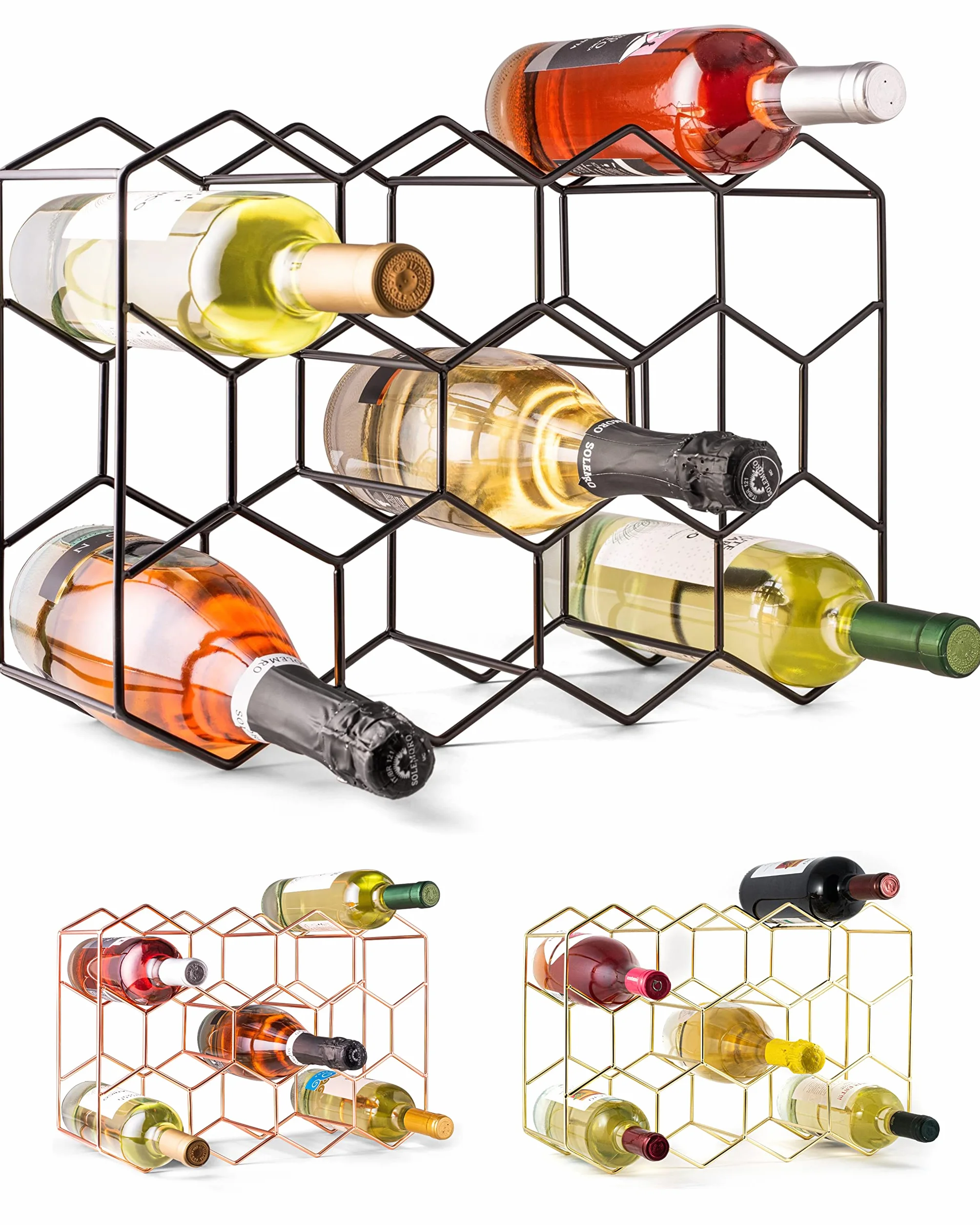 Gusto Nostro Portabottiglie da Tavolo Metallico Nero 14 Bottiglie 3 Ripiani Porta Vini Freestanding
