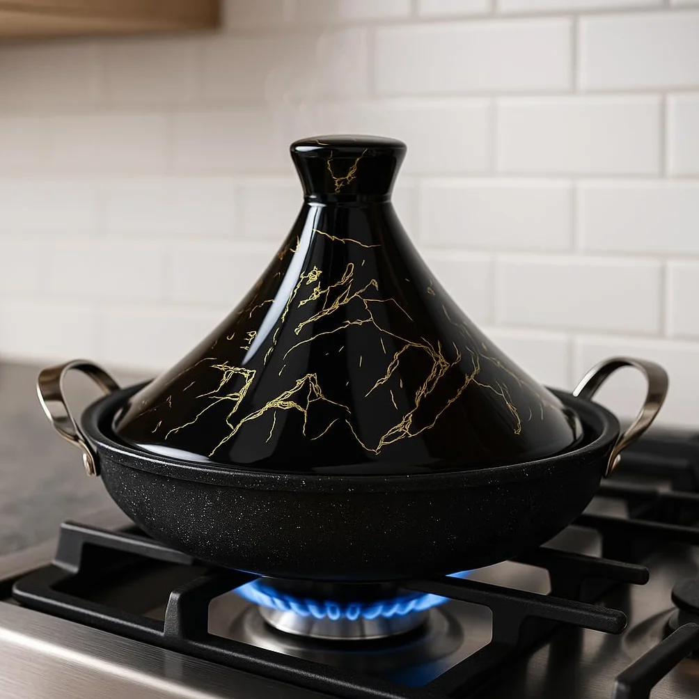 Tajine Royal Swiss - Acciaio inox antiaderente, coperchio in porcellana, per tutti i piani cottura, a induzione, a gas, elettrica, cucina sana (nero, 34 cm)