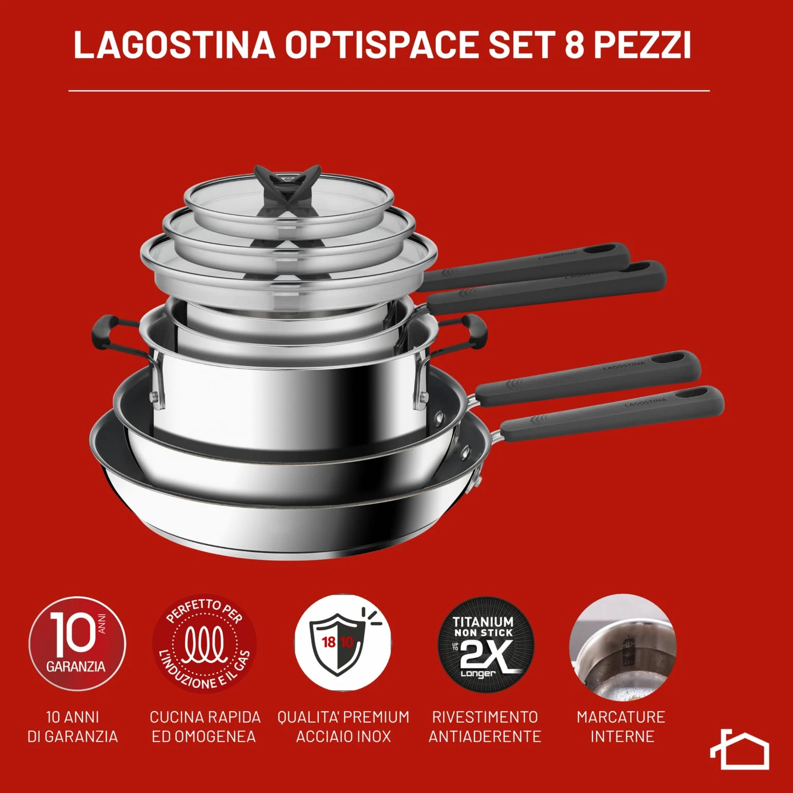 Lagostina Optispace, Set 8 Pentole, Padelle e Coperchi, Impilabili e Salvaspazio, Pentole in Acciaio Inox 18/10, Padelle Antiaderenti, Con Manici in Silicone