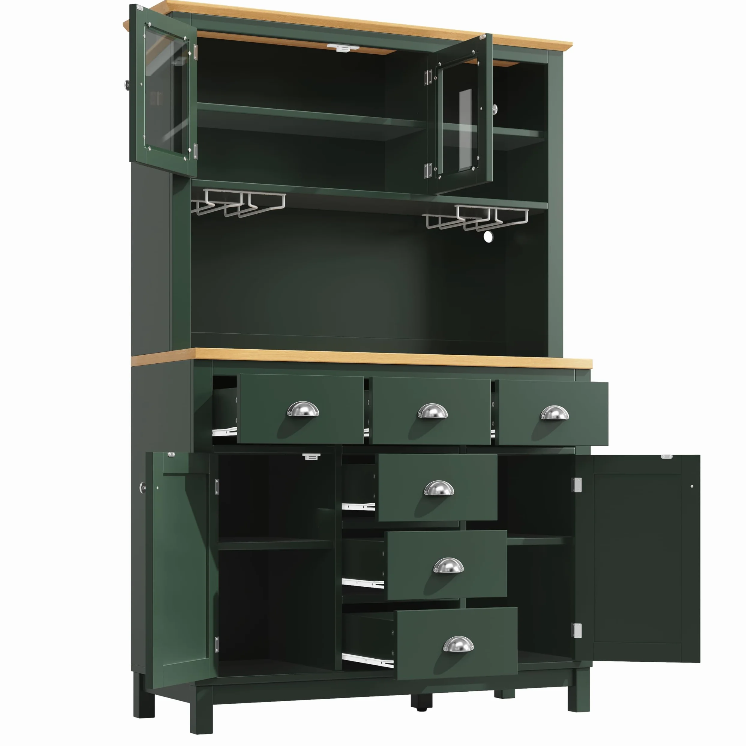 Credenza laterale/Armadietto/Armadietto da cucina/Buffet, 104 x 40 x 180 cm, stile country, 4 ante, con striscia luminosa a LED e portabevande, verde.