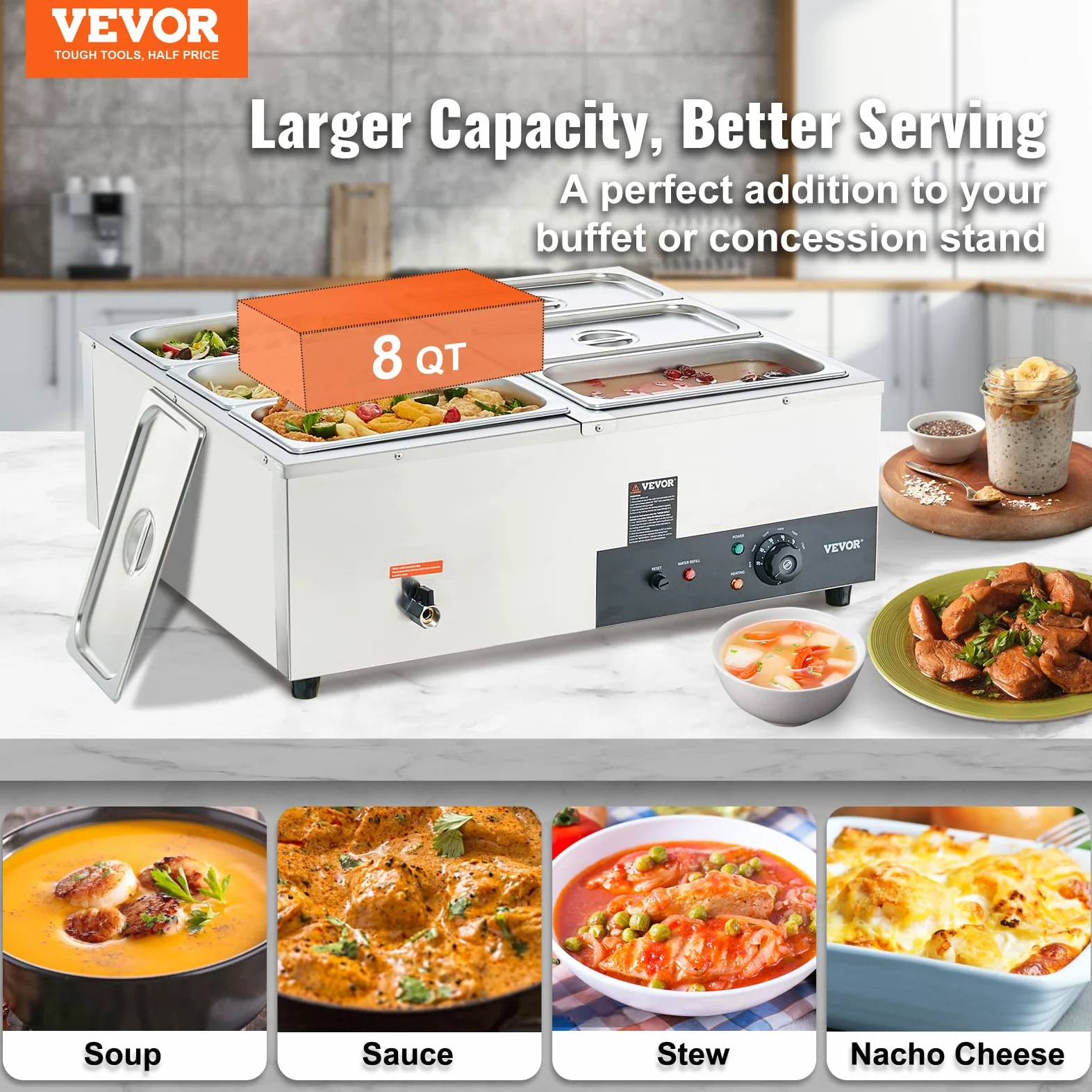 VEVOR Scaldavivande 6 Vassoi in Acciaio Inox Commerciale Elettrico 1500W Capienza 6 x 7,6L ca. per Festa Evento Convegno, Contenitore Scaldavivande per Catering Evento Esterno Festa BBQ da Giardino