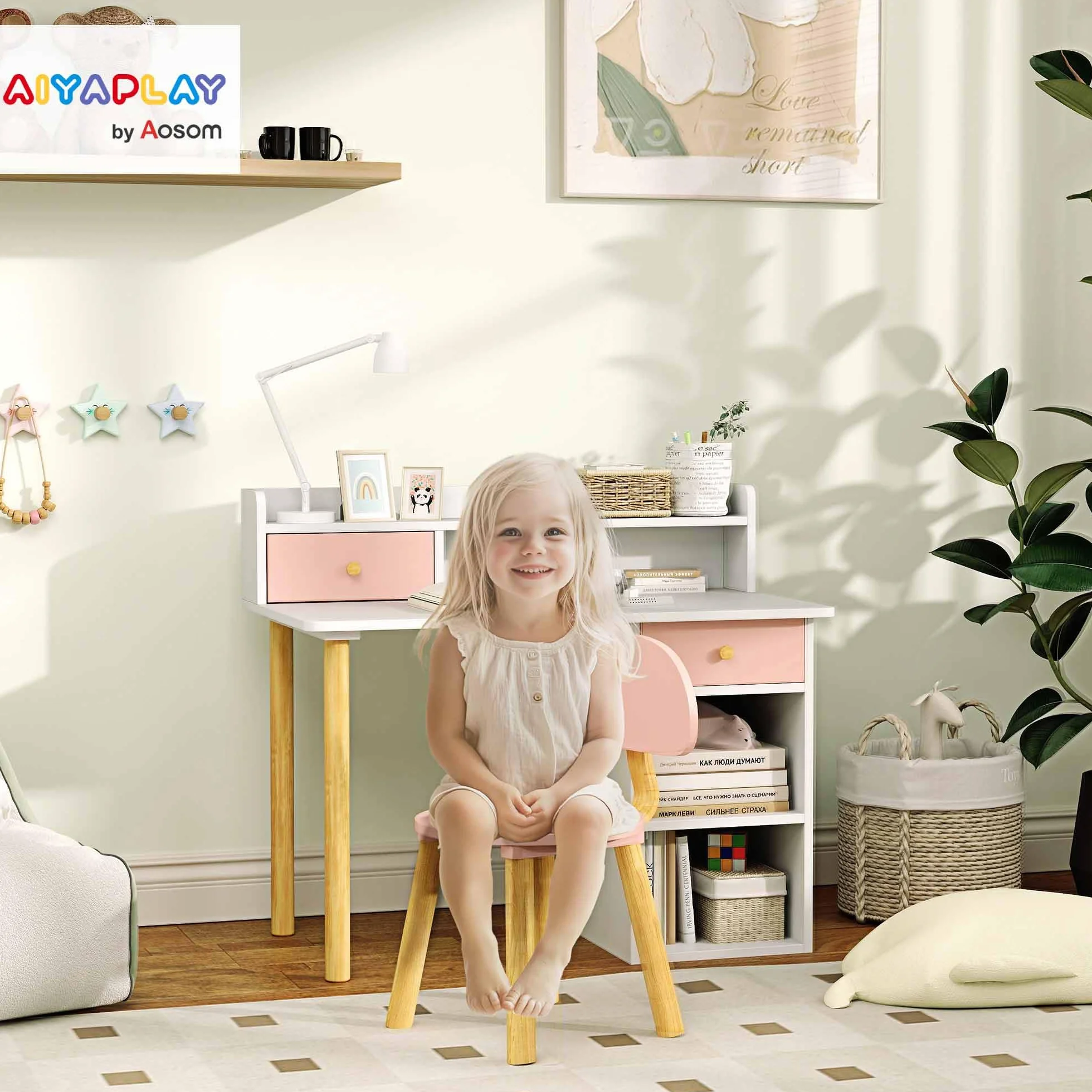 AIYAPLAY Set di scrivania e sedia per bambini, tavolo da studio per bambini con conigliera, portaoggetti, cassetto, scaffali, per studiare, leggere, disegnare, per età 3-8 anni, rosa