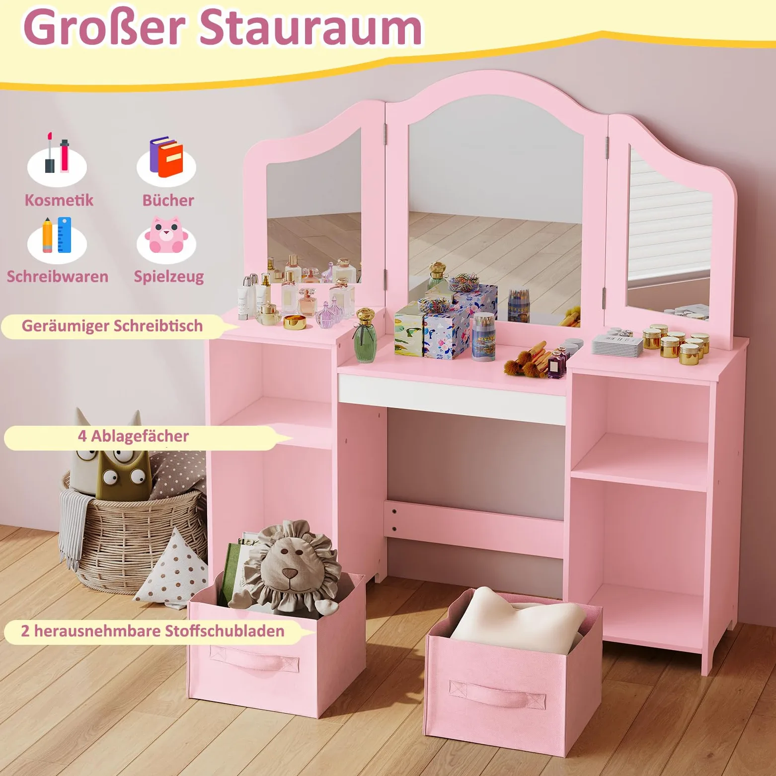 Clevich Toeletta per Bambini in Legno, Con Specchio Staccabile, Cassetti in Tessuto e Sedia, Scrivania per Bambini Robusta, Toeletta Trucco 2 in 1 per Bambina per 3 Anni, 108x30x114 cm (Rosa-Bianco)