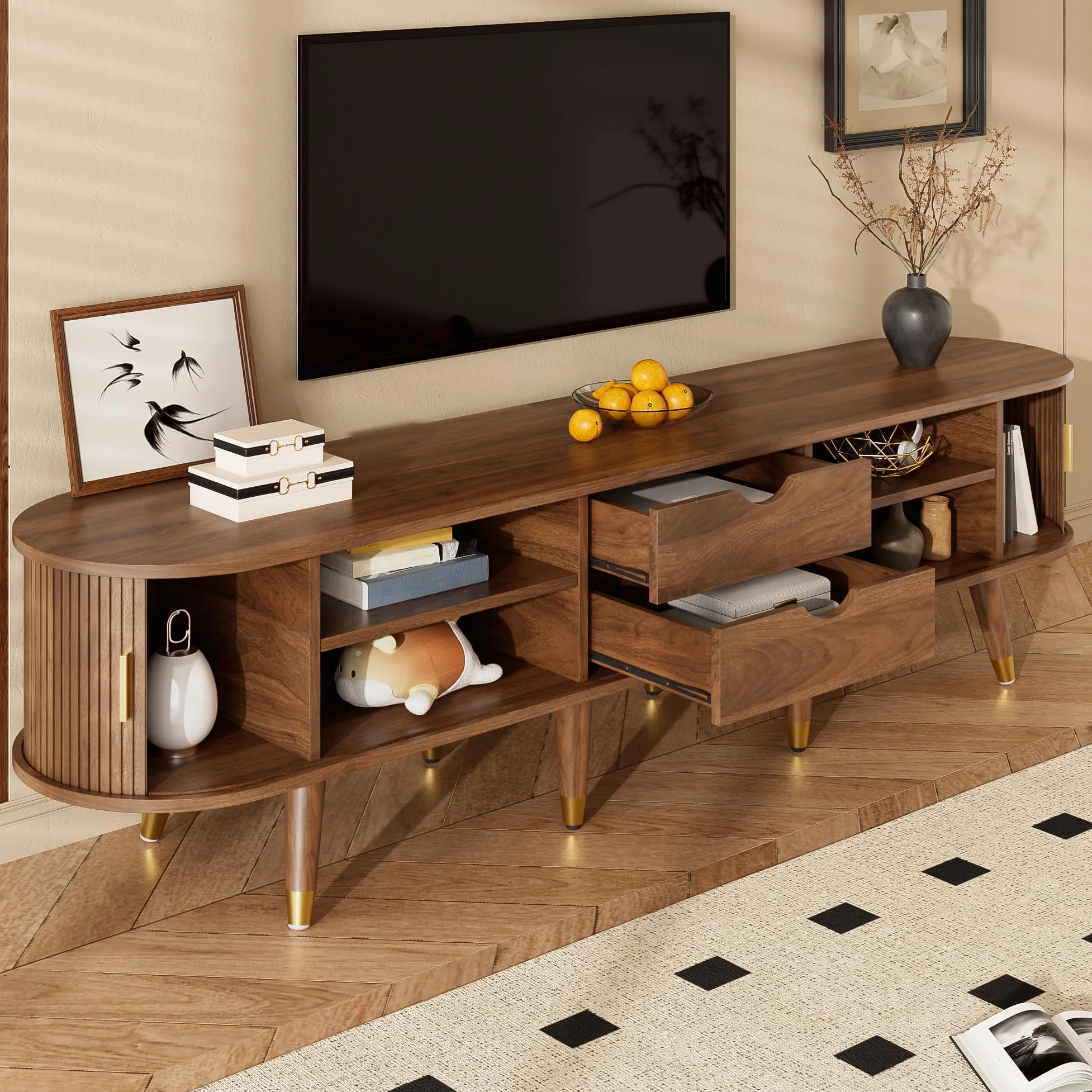 SACOOL Mobile TV stile rustico, 175 cm, con porta scorrevole in rattan, effetto noce e molto spazio di archiviazione, tavolo per TV in MDF con scomparti aperti, cassetti e armadietto, design naturale