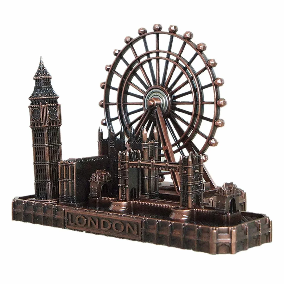 SUPERPOWER® Metal London Tower Bridge Big Ben Clock Tower London Eye Architectural Model Vintage Home Decor Collectible Statue, Copper