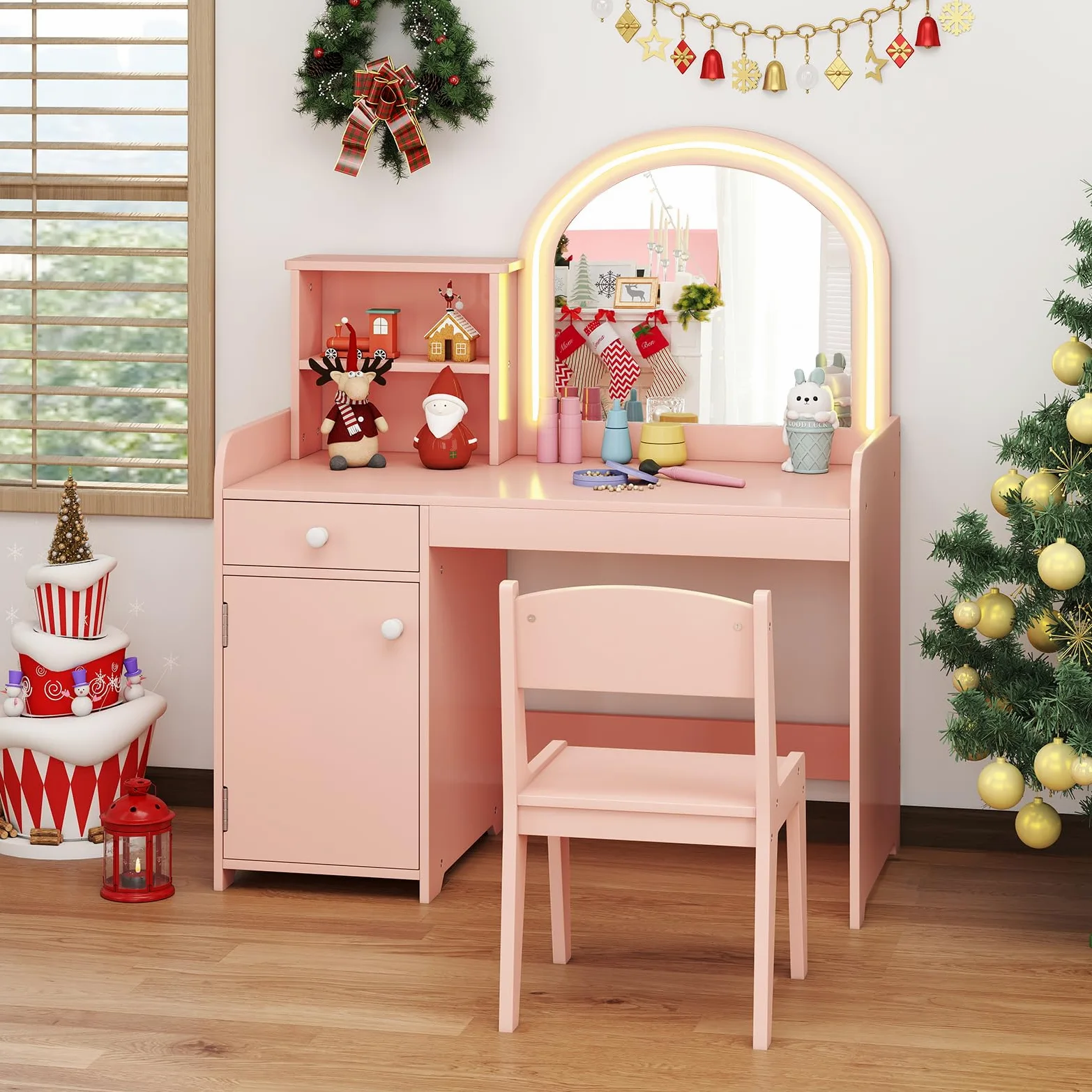 LIFEZEAL 2 in 1 Tavolo da trucco per bambini con sedia, tavolo da trucco ragazza con specchio LED e armadietto, tavolo da toeletta in legno con cassetto e scaffale, 3+ anni, carico di 50 kg (rosa