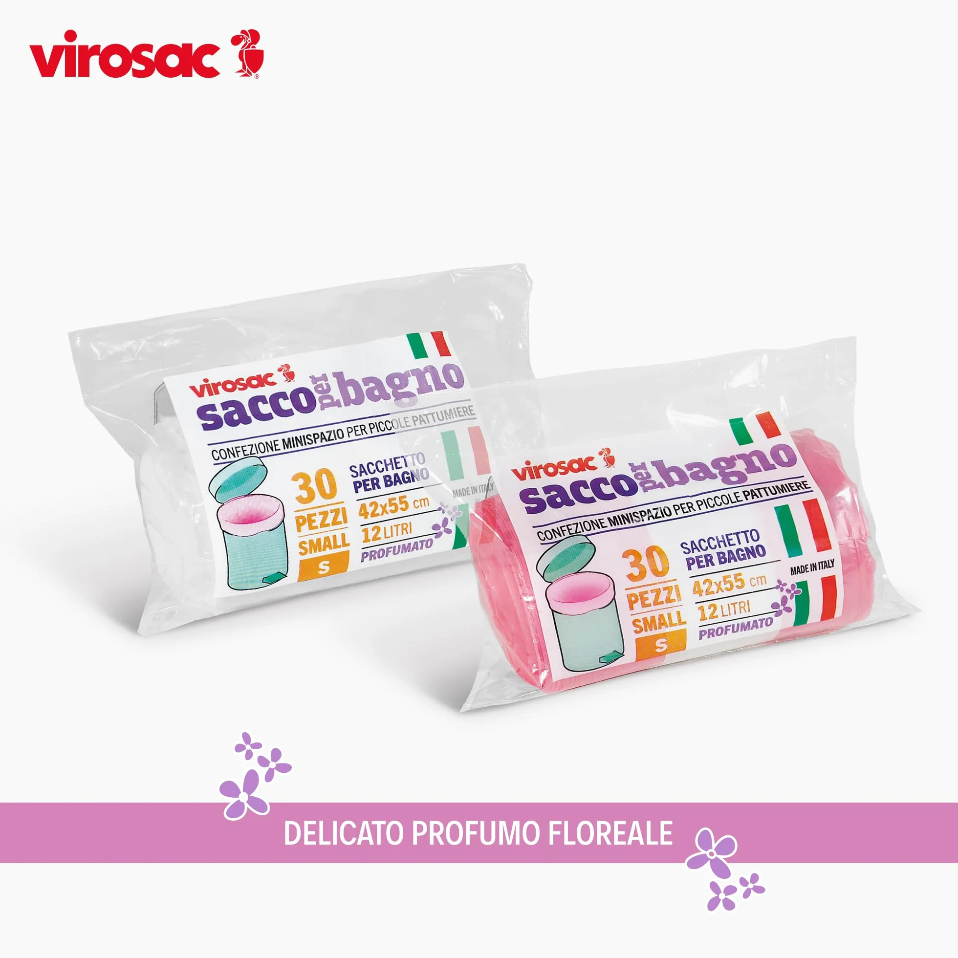 VIROSAC Sacco Bagno 42x55, 30 sacchetti per rotolo, kit da 4 rotoli, 2 rotoli rosa + 2 rotoli bianchi