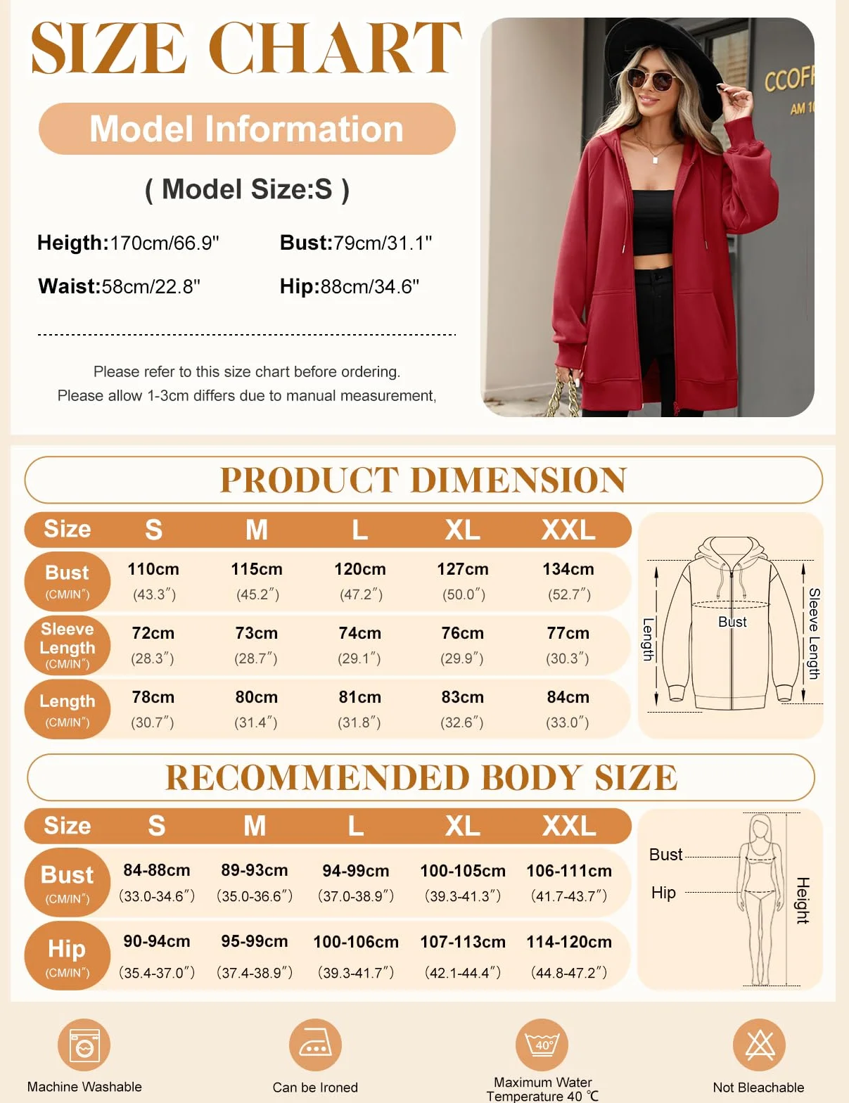 CMTOP Felpa Donna con Zip Lunga in Pile Casual Cotone Felpa con Cappuccio a Manica Lunga, Tinta Unita Classica Basic Felpe, Autunno Primavera Hoodie Sweatshirt con Tasche