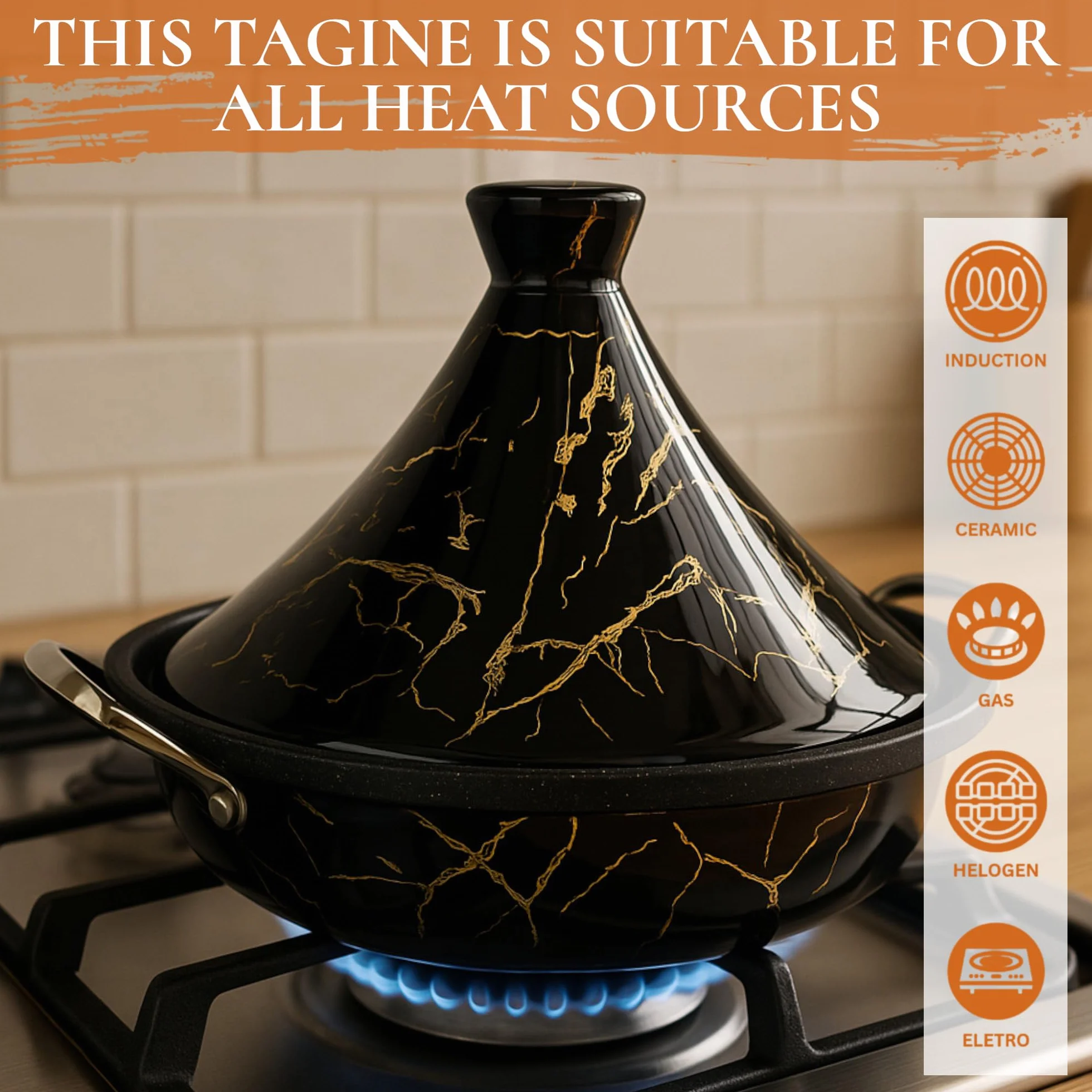 Tajine Royal Swiss - Acciaio inox antiaderente, coperchio in porcellana, per tutti i piani cottura, a induzione, a gas, elettrica, cucina sana (nero, 34 cm)