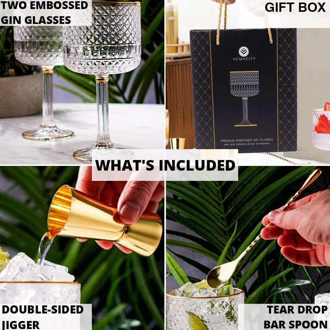 Set Bicchieri Gin Tonic di Lusso 450ml con Decorazioni Dorate, 3 Bordi Oro, Cucchiaio Bar e Misurino Kit Regalo