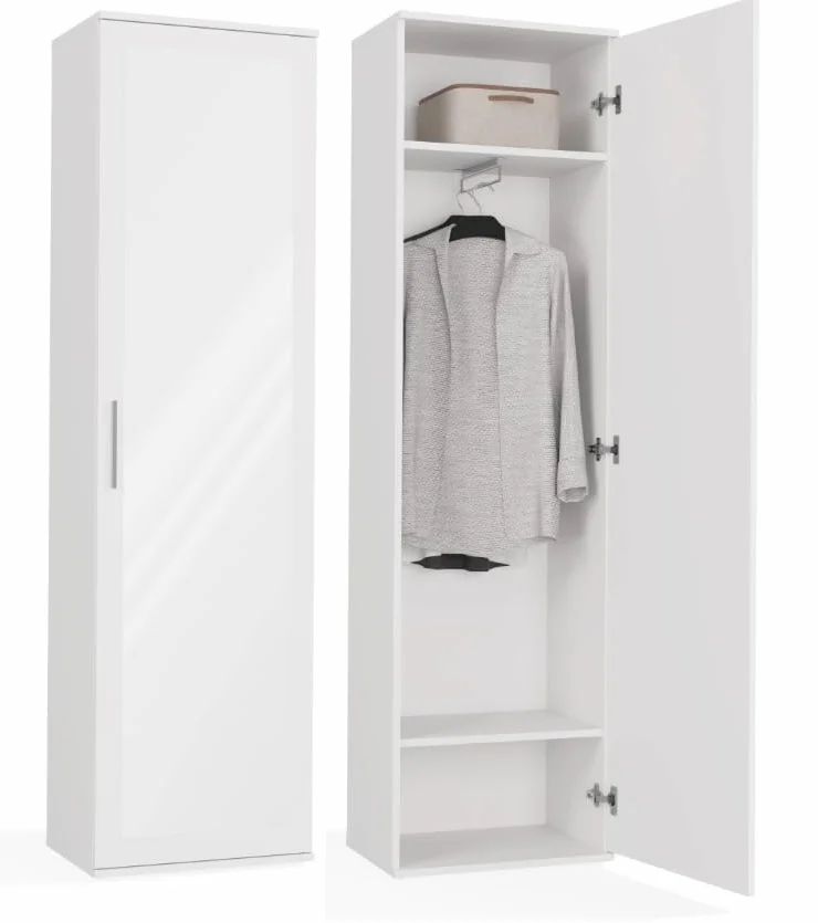 BDW Appendiabiti con specchio, moderno, multifunzionale, per corridoio, camera da letto, cameretta dei bambini, 180 x 50 x 35 (T), bianco