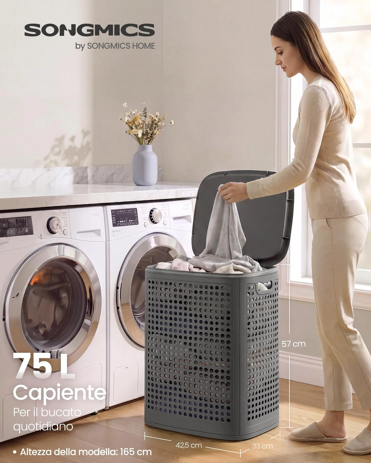 SONGMICS Cesto Portabiancheria con Coperchio, Cesta Portabiancheria Sporca in Plastica, 75 L, Porta Biancheria Slim, Bagno Lavanderia Camera da Letto, Grigio Scuro RLH021G101
