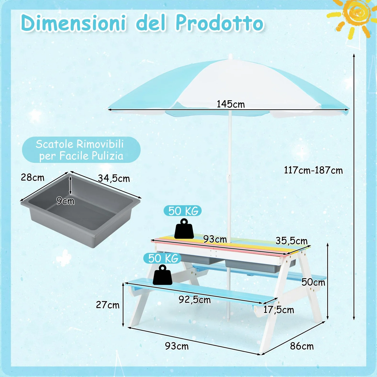 COSTWAY Set Tavolo e Sedie per Bambini da Giardino 3 in 1, con Ombrellone Rimovibile e Regolabile, Piano Rimovibile, Tavolo con Panche in Legno per Bambini da Interno Esterno (Blu e Bianco)