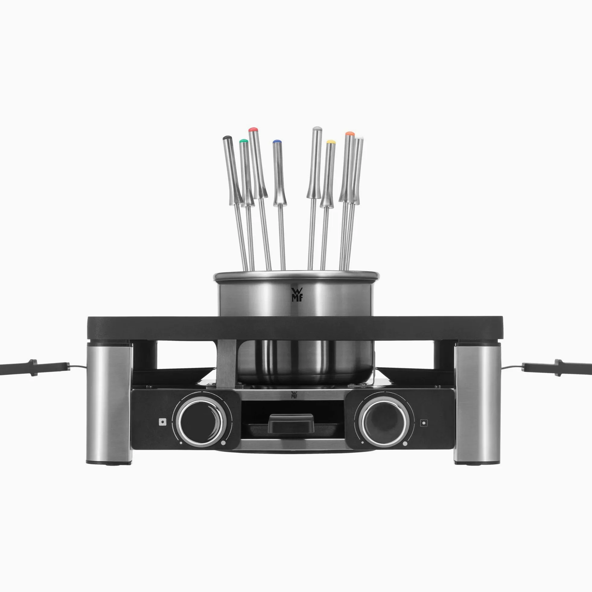 WMF Gourmet Station Lumero 3 in 1 in Acciaio Cromargan, Raclette, Fonduta e Griglia Elettrica Tutto in 1 per 8 Persone, con 8 Tegamini, 8 Spatole per Formaggio e 8 Forchette,Display LCD,Potenza 1800W